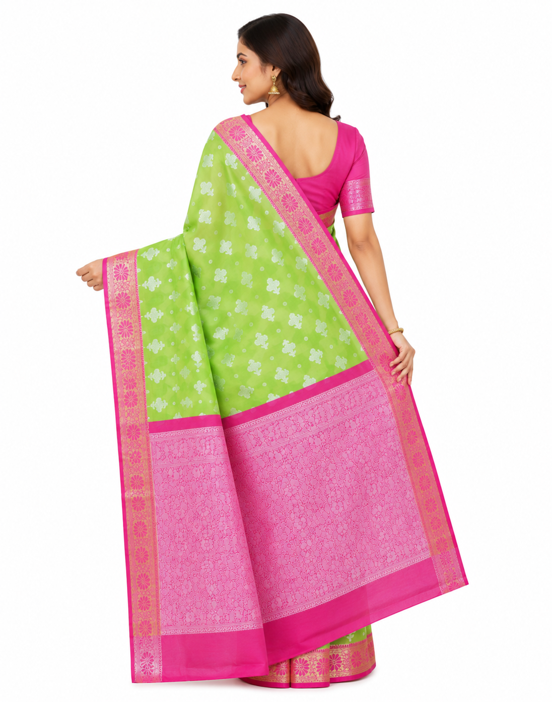 Lime Green & Magenta Silk Blend Woven Design Banarasi Saree with Unstitched Blouse