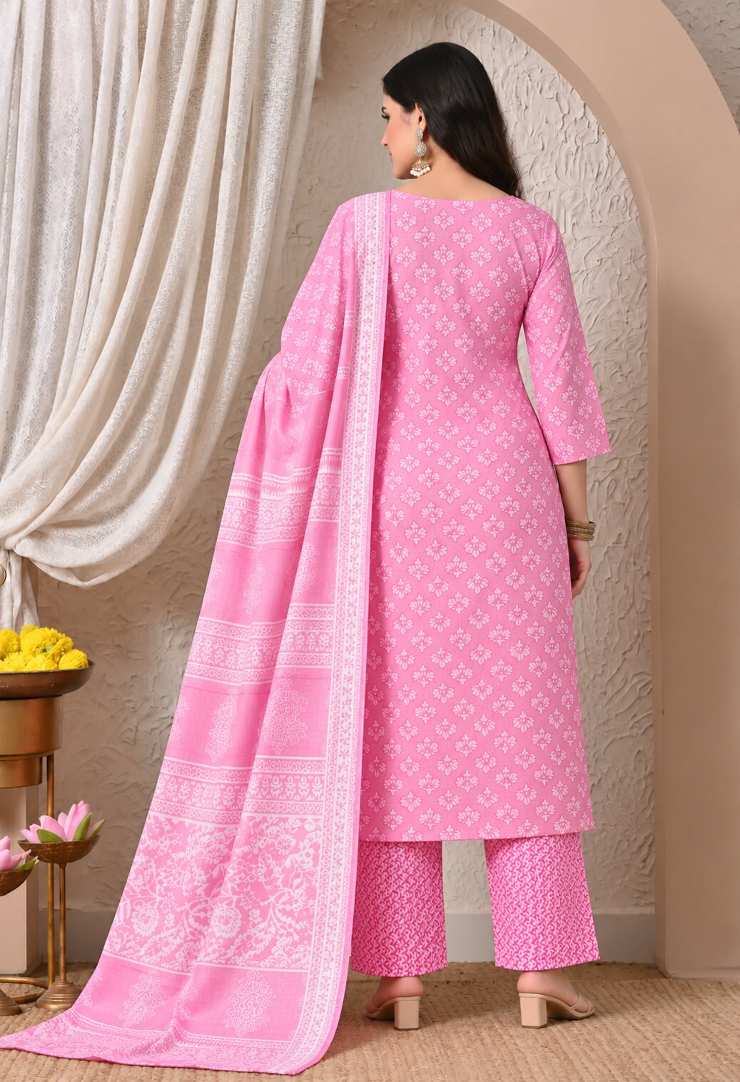 Pink Cotton Printed Straight Suit Set with Matching Cotton Dupatta