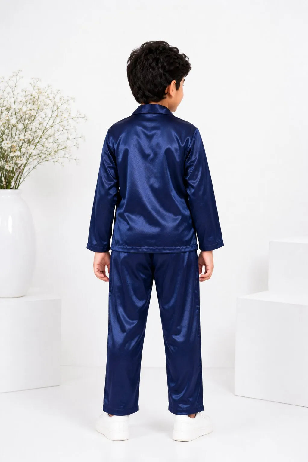 Boys' Navy Blue Luxury Satin Night Suit Set – Smooth Full-Sleeve Shirt & Relaxed Pyjamas
