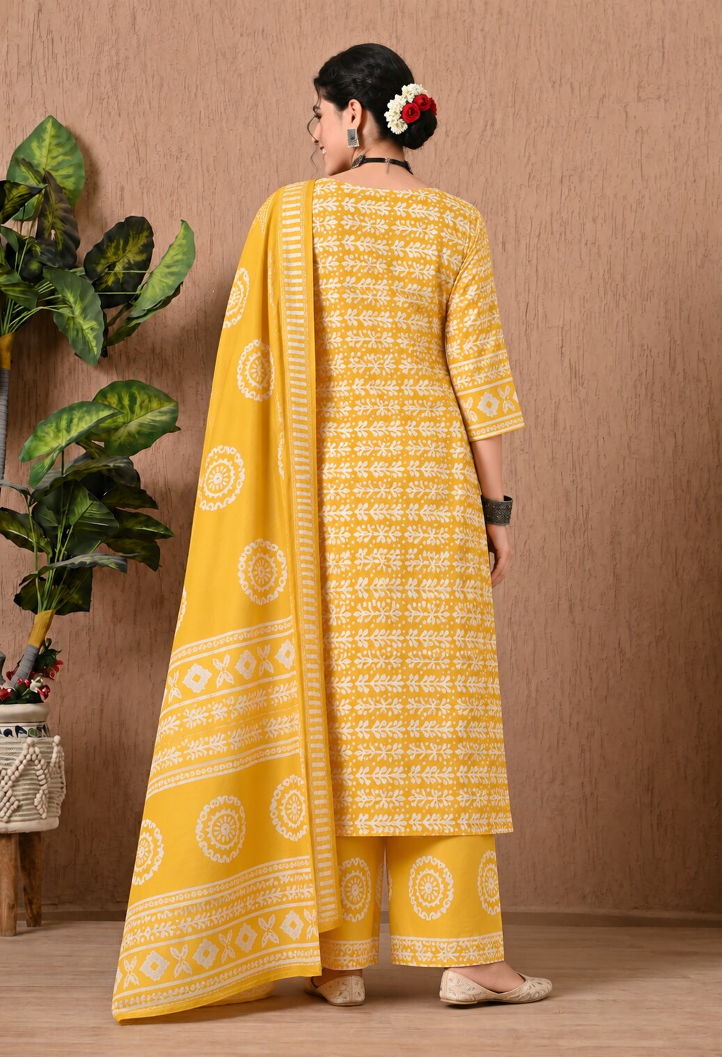 Mustard Yellow Cotton Printed Suit Set with Matching Cotton Dupatta for Women