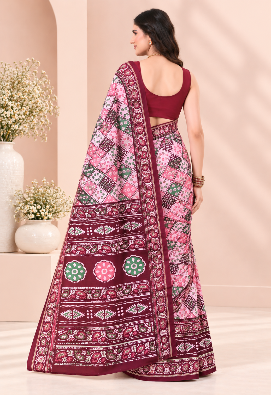 Elegant Pink Printed Saree with Geometric Floral Patterns & Rich Maroon Border