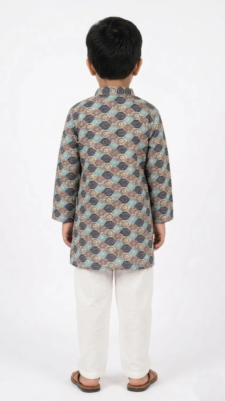 Boys Blue & Beige Ethnic Printed Cotton Kurta Set