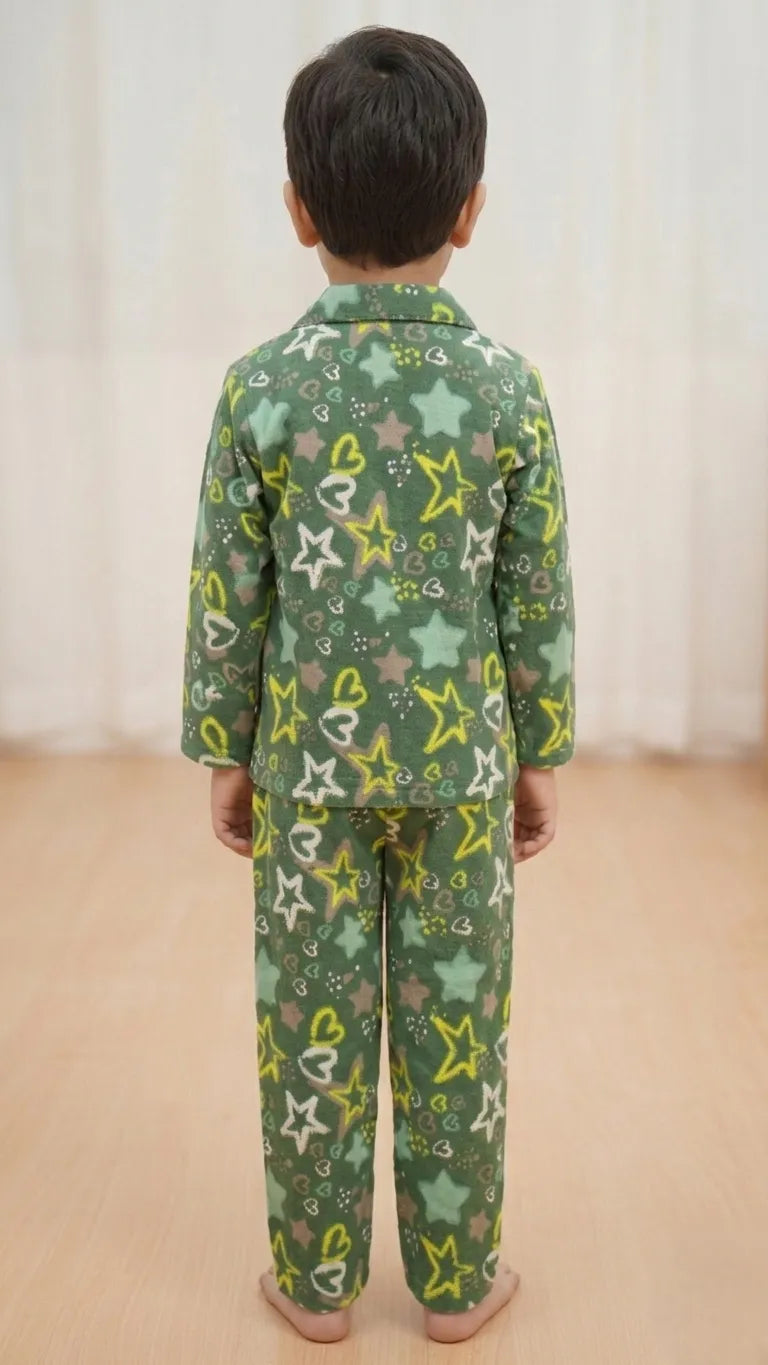Boys Olive Green & Yellow Star Printed Pure Cotton Night Suit