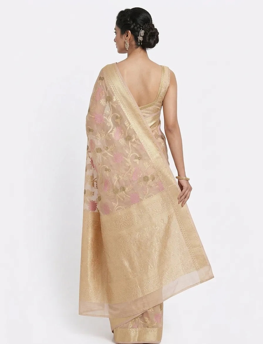 Beige & Pink Floral Banarasi Chanderi Saree with Zari Border