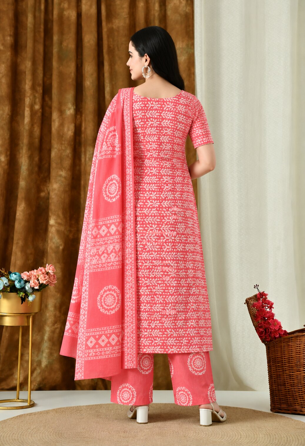 Red cotton printed Suit Set with Matching Cotton Dupatta