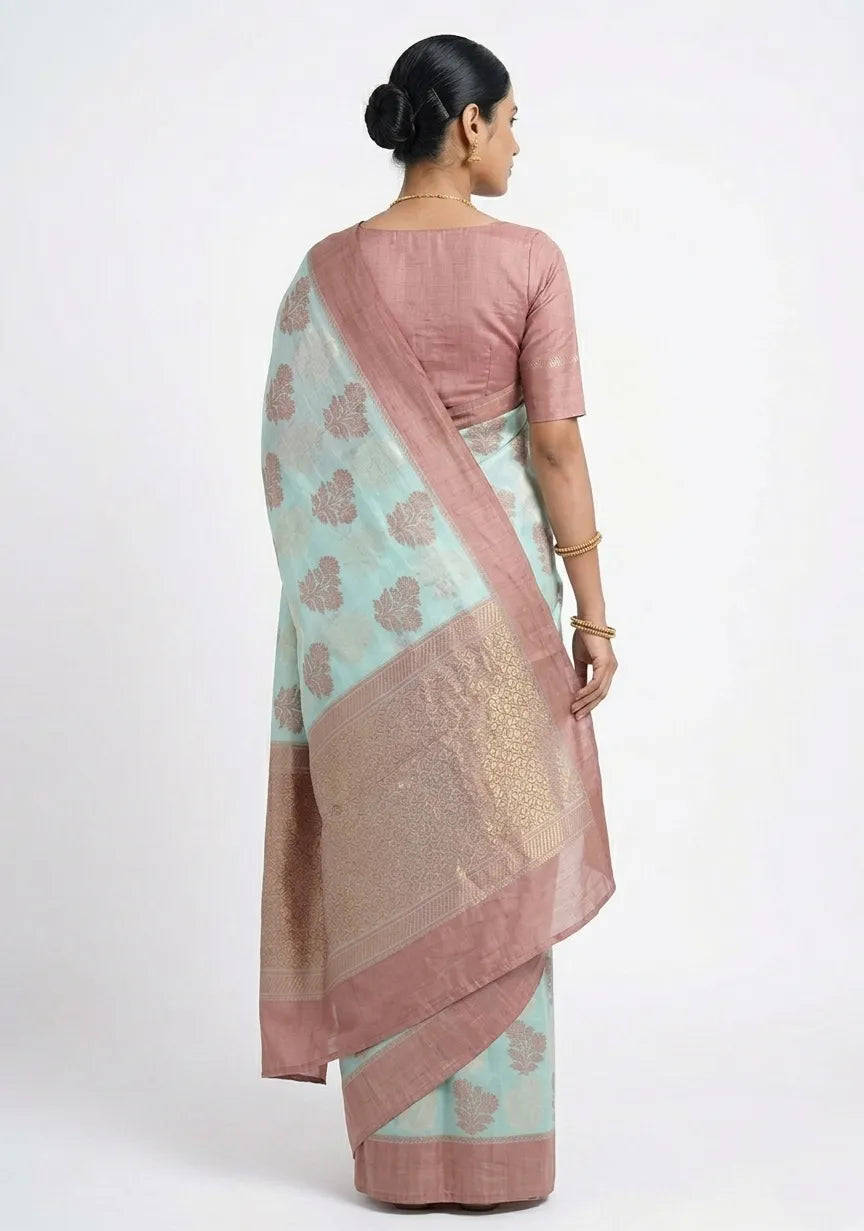Steel Blue & Silver-Toned Woven Design Banarasi Saree