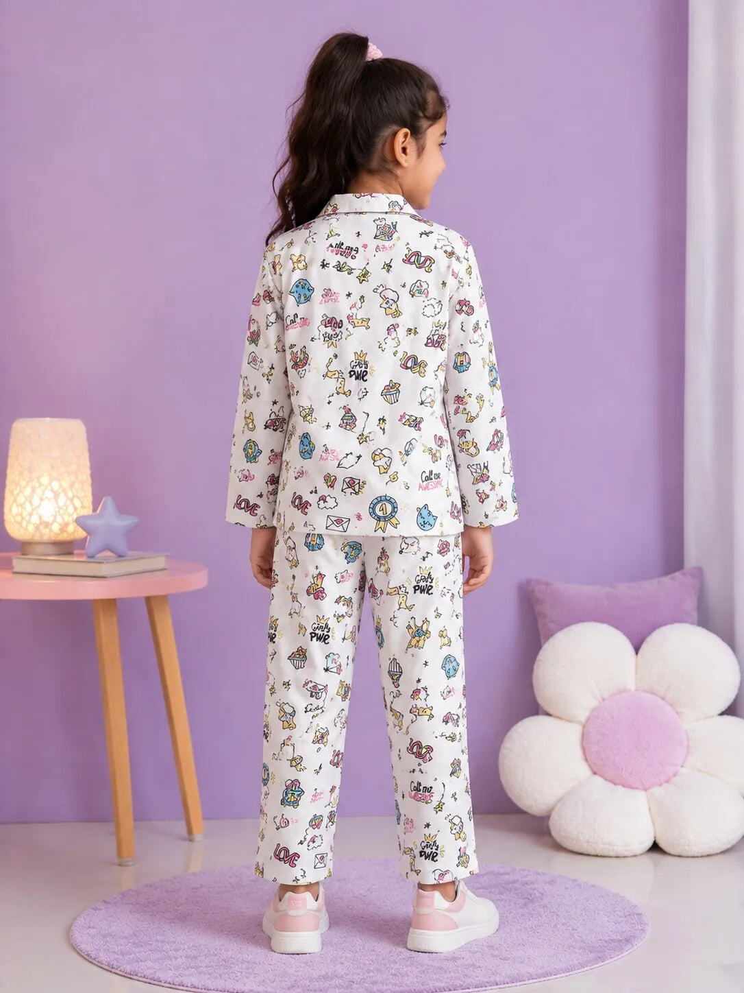 Girl Pearl White & Multicolor Graphic Printed Satin Nightwear Set