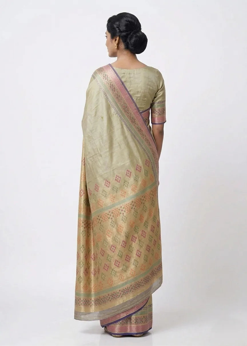 Olive Gold-Toned Silk Blend Saree with Multicolour Woven Border & Pallu