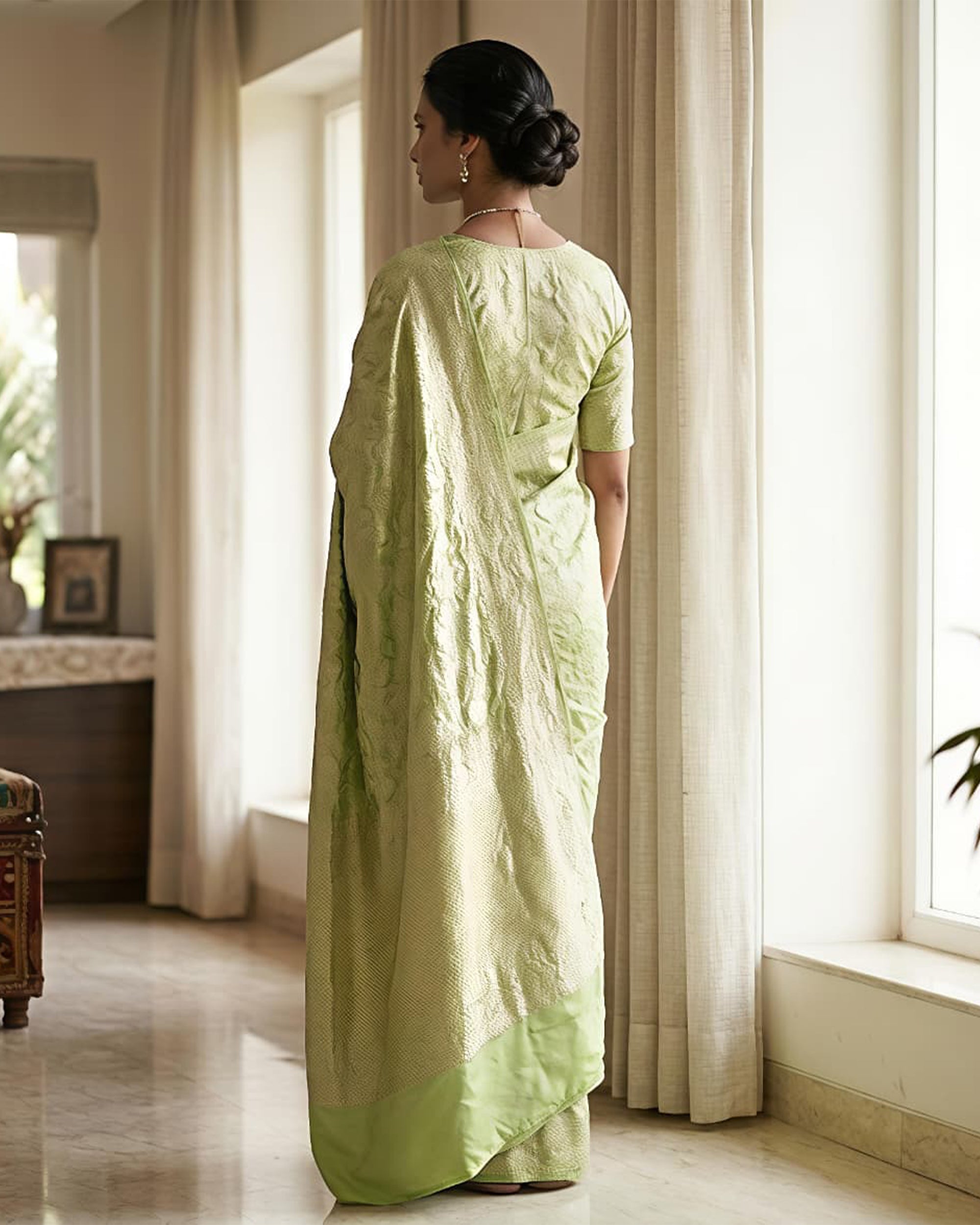 Lime Green Ethnic Motifs Woven Design Saree