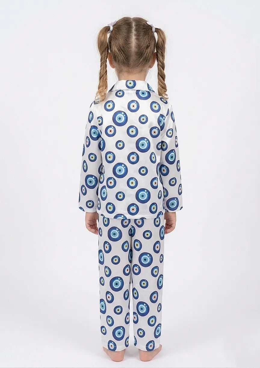 Girls' Evil Eye Printed Premium Satin Night Suit – Full Sleeve Shirt & Pajama Se
