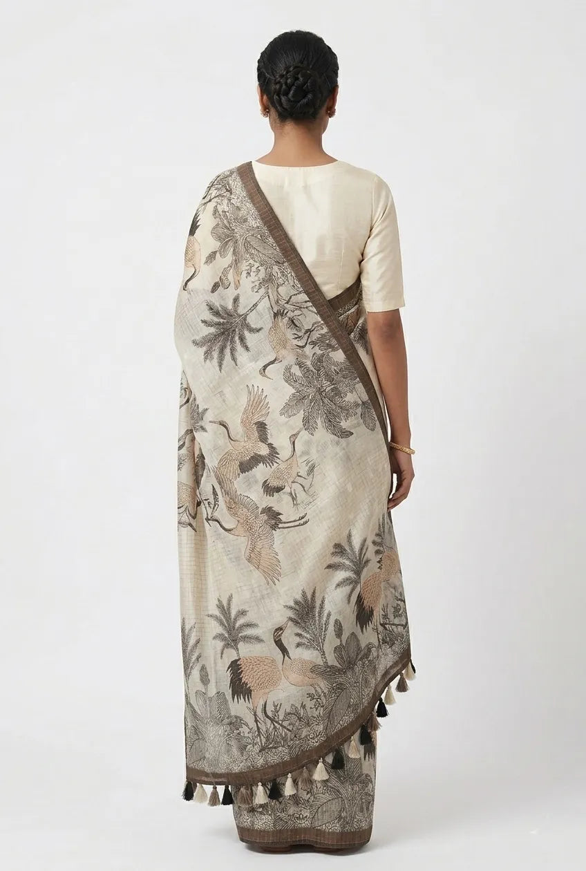 Women Off-White & Brown Ethnic Motifs Printed Pure Cotton Saree
