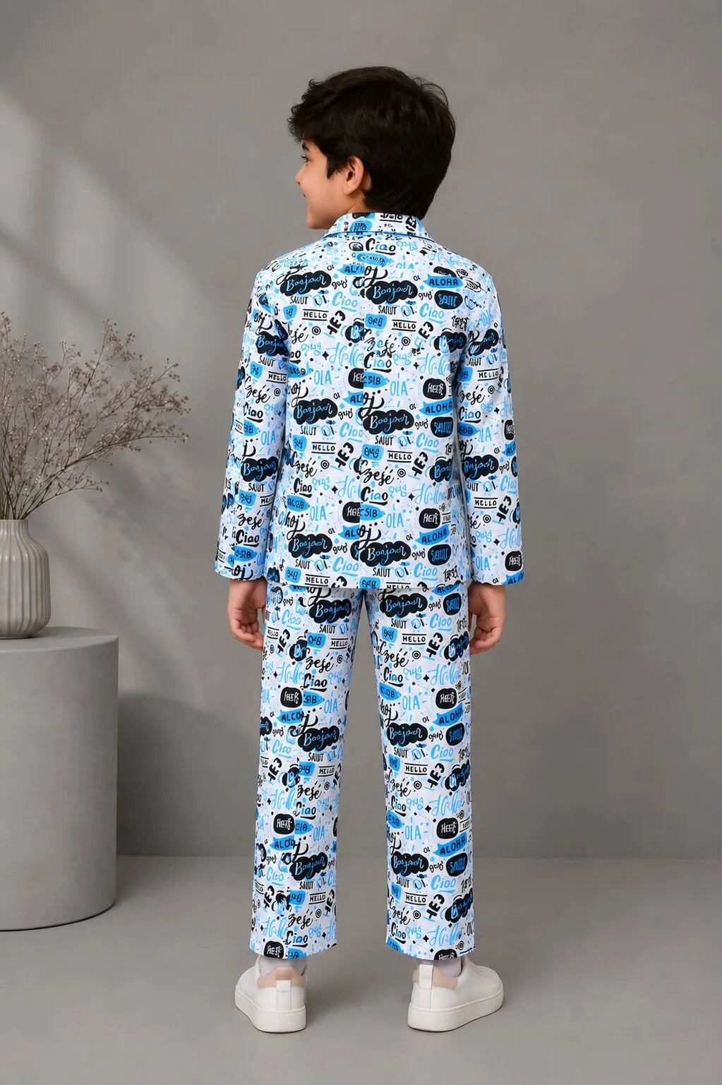 Kids' Satin "Hello" Multilingual Print Night Suit