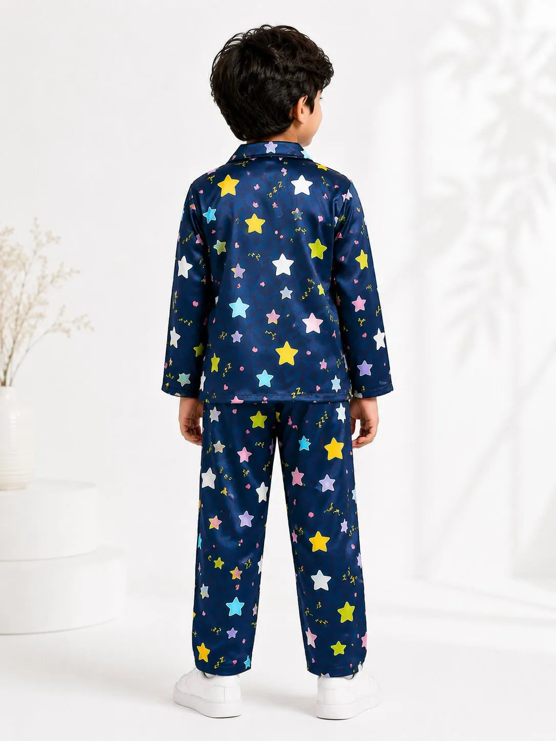 Boys Navy Blue & Multi-Colored Star Print Satin Night Suit