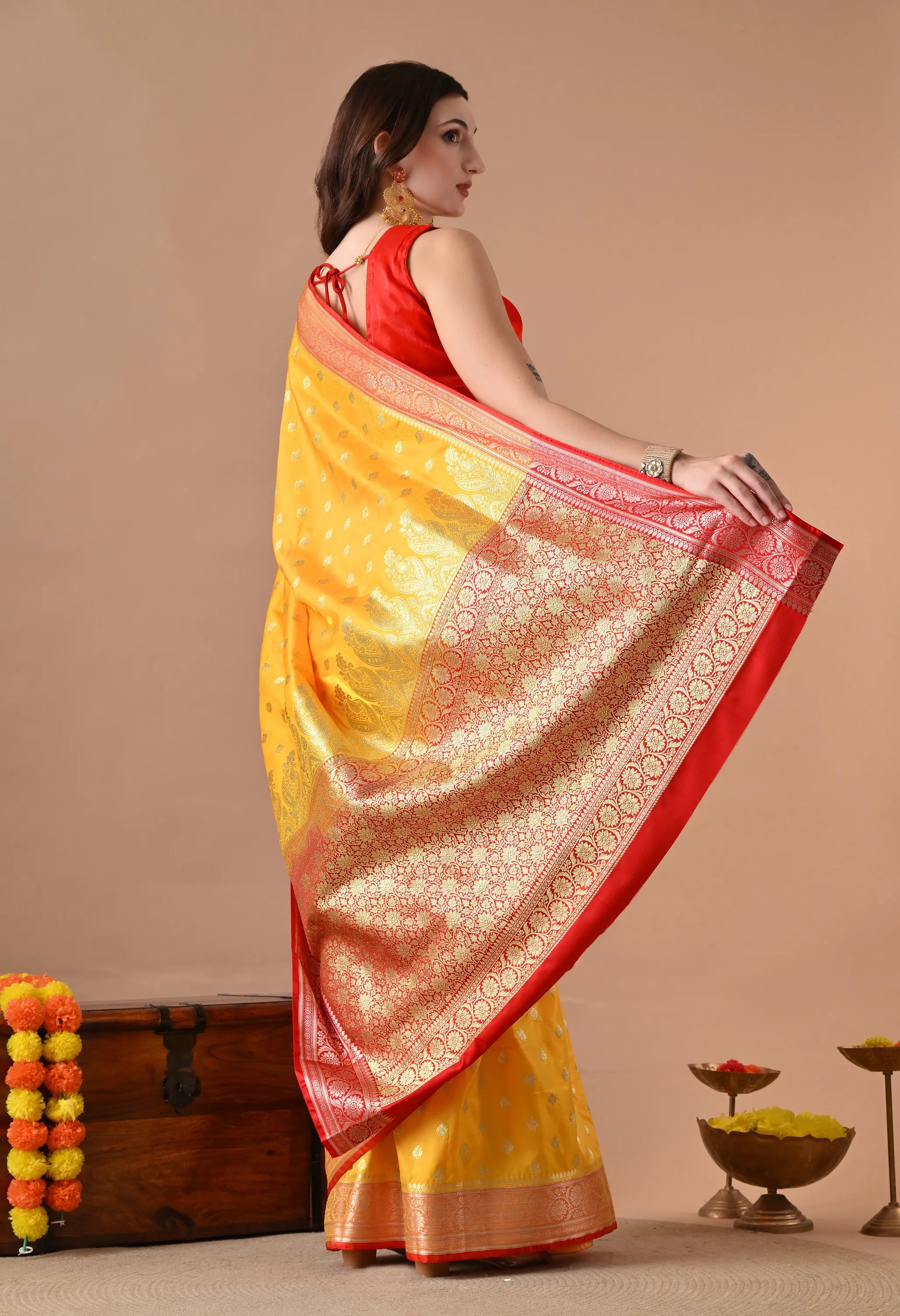 Ethnic Elegance Yellow & Red Silk-Blend Banarasi Saree with Zari Border
