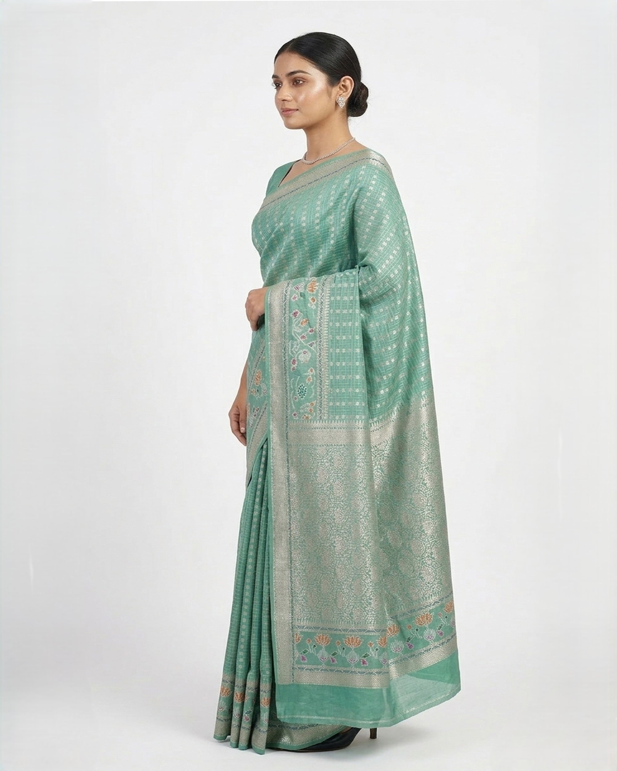 "Sea Green & Silver-Toned Woven Design Zari Silk Blend Banarasi Saree "