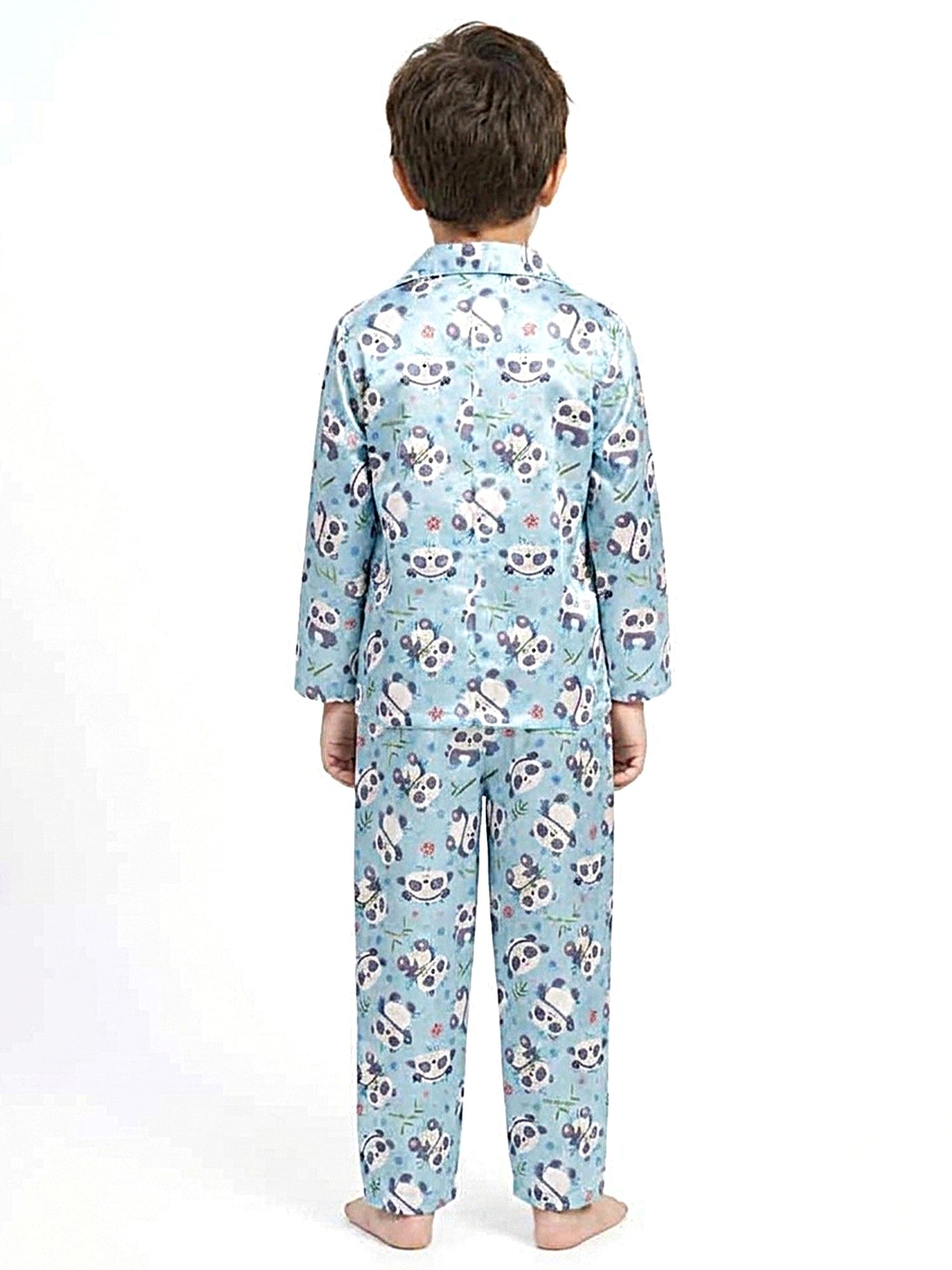 Boys Sky Blue Panda Graphic Printed Satin Night Suit