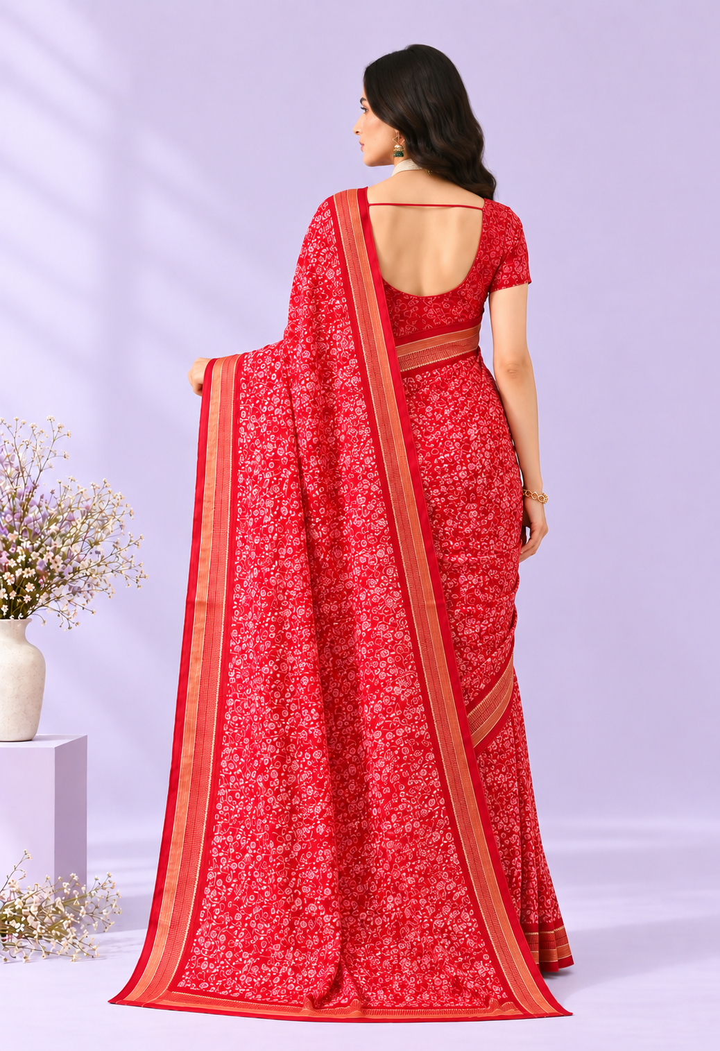 Elegant Red Chiffon Saree with Delicate Floral Print and Traditional Border