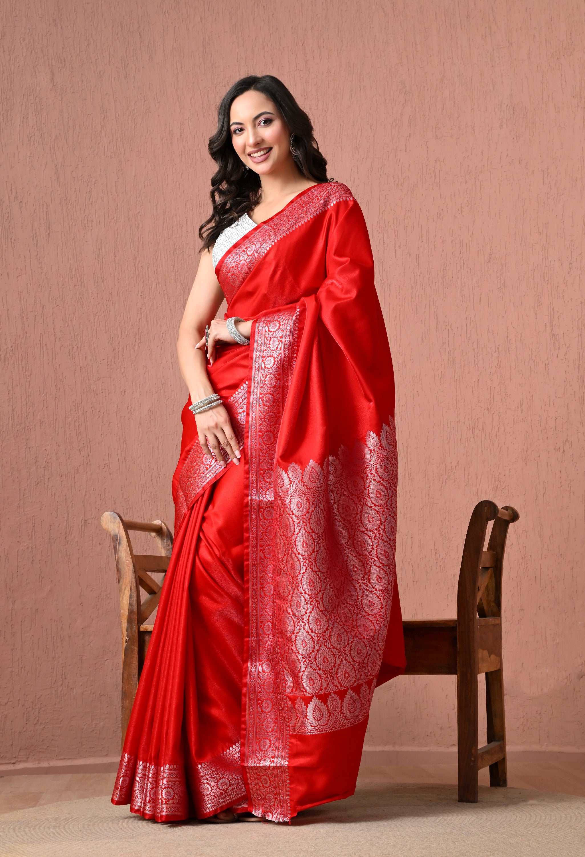 Radiant Crimson Red Pure Silk Banarasi Saree with Ornate Silver Zari Pallu