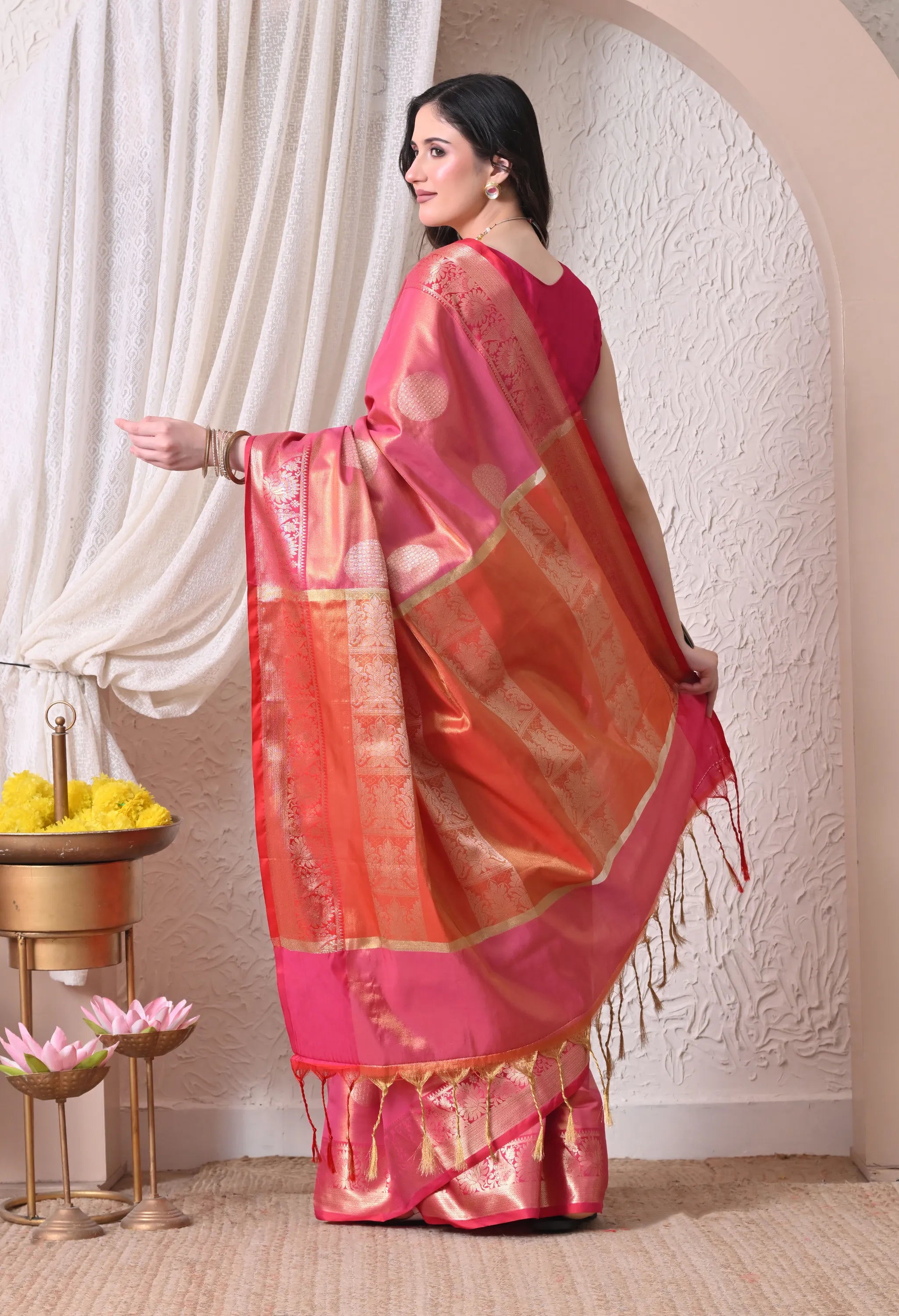 Radiant Pink Silk Blend Kanjeevaram Style Saree