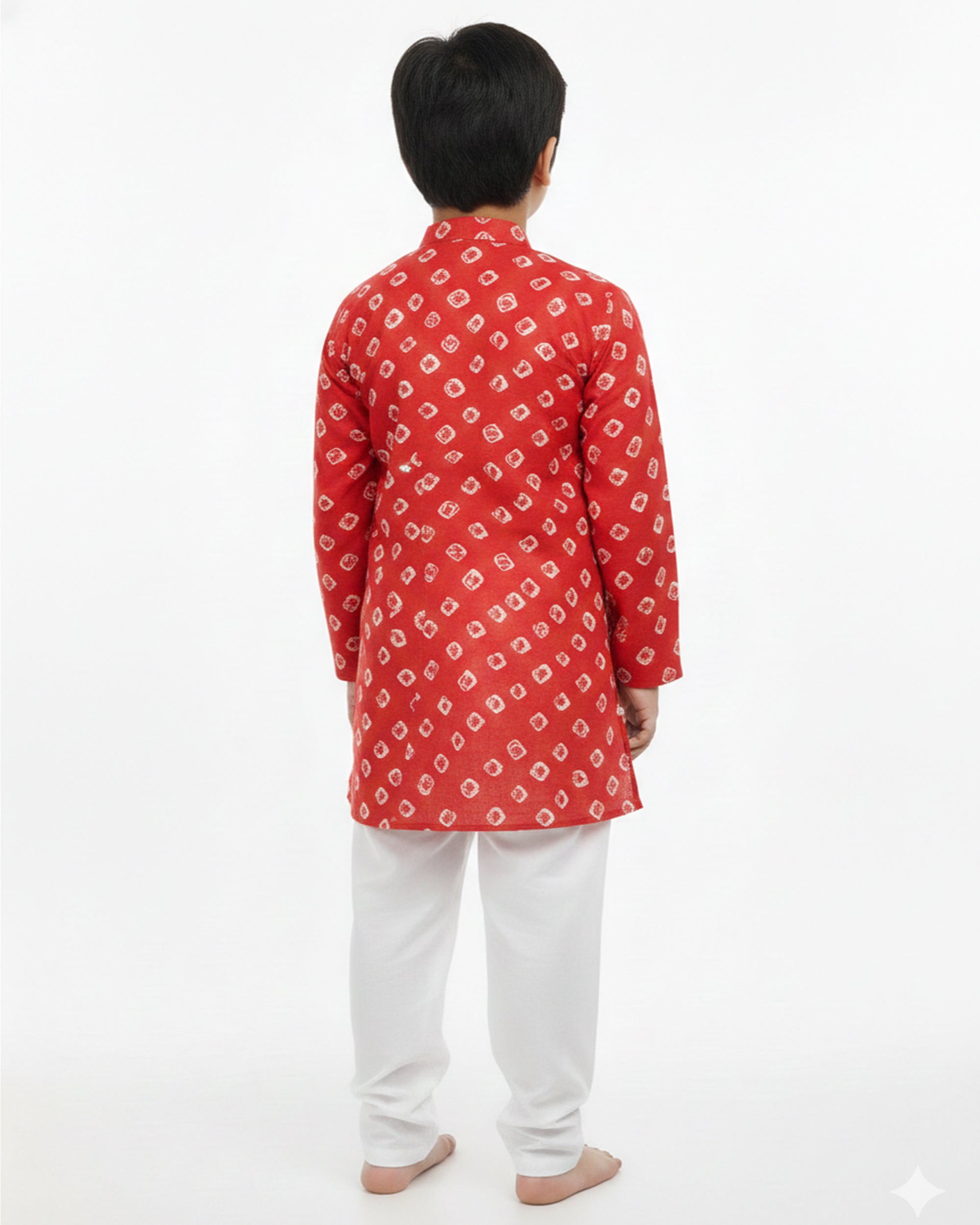 Boys Red & White Bandhani Printed Pure Cotton Kurta with Pyjamas