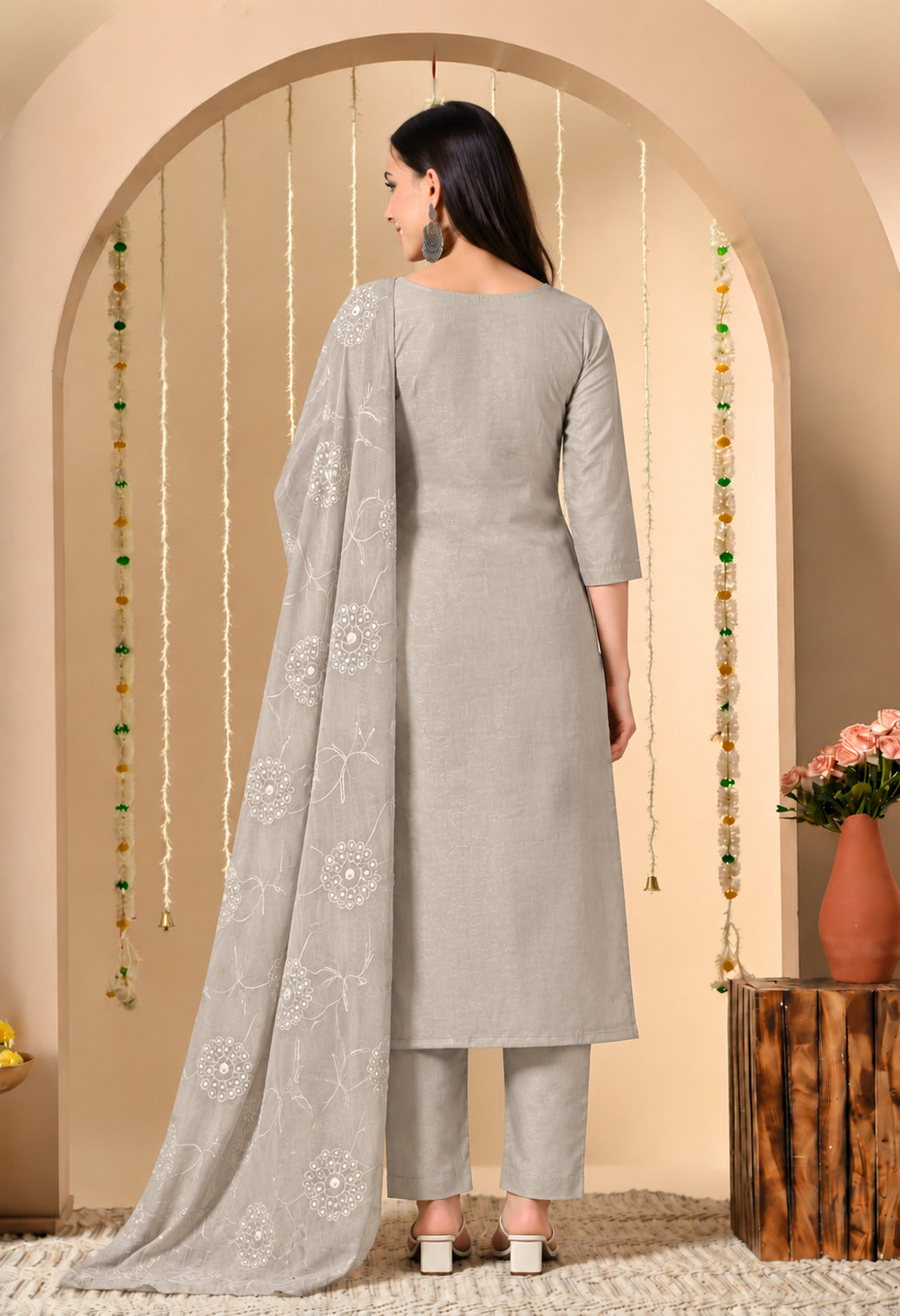 Grey Chanderi Silk Embroidered Suit Set with Dupatta