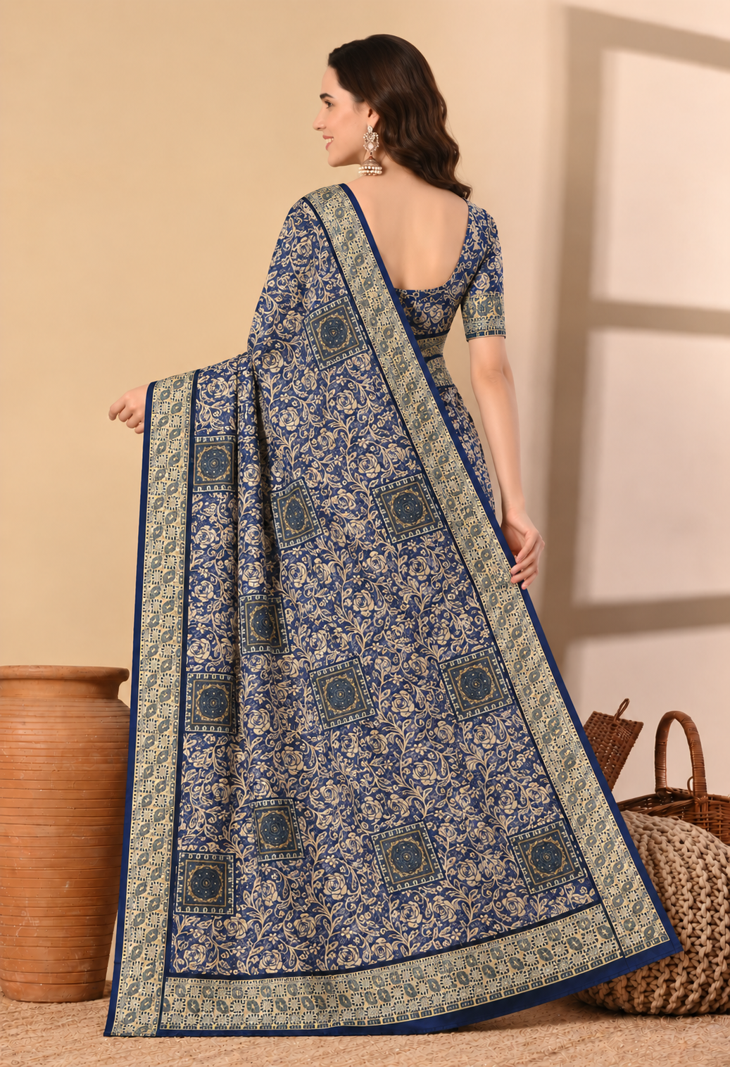 Elegant Navy Blue Chiffon Saree with Intricate Floral Print