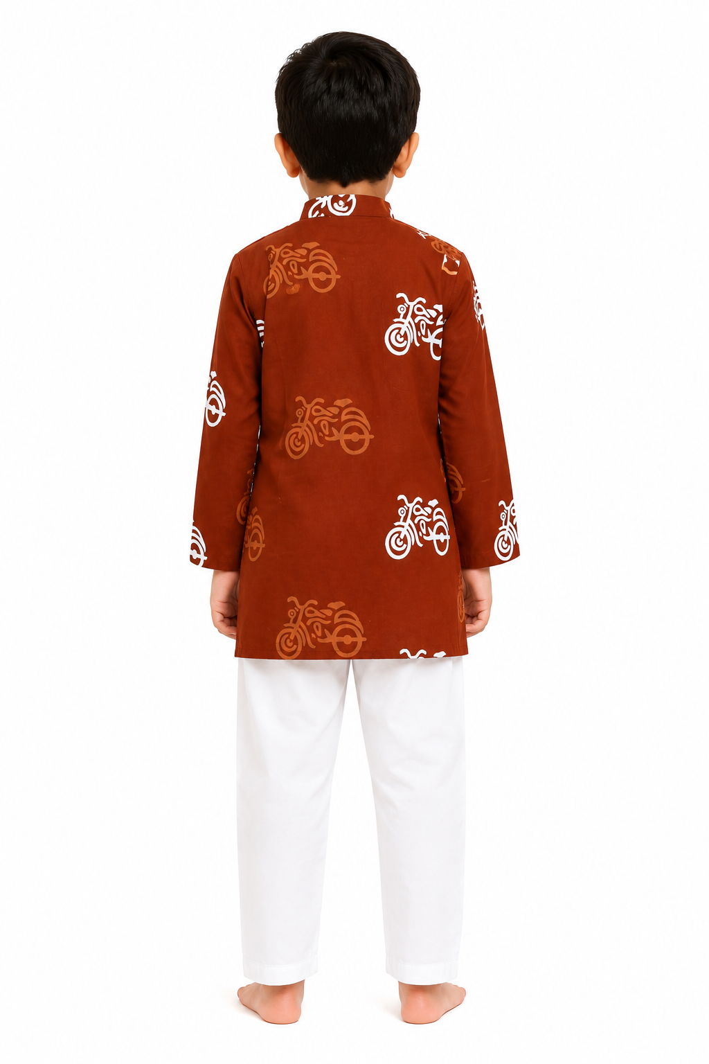Boys Rust-Brown Auto/Bike Print Cotton Kurta with Pyjama Set