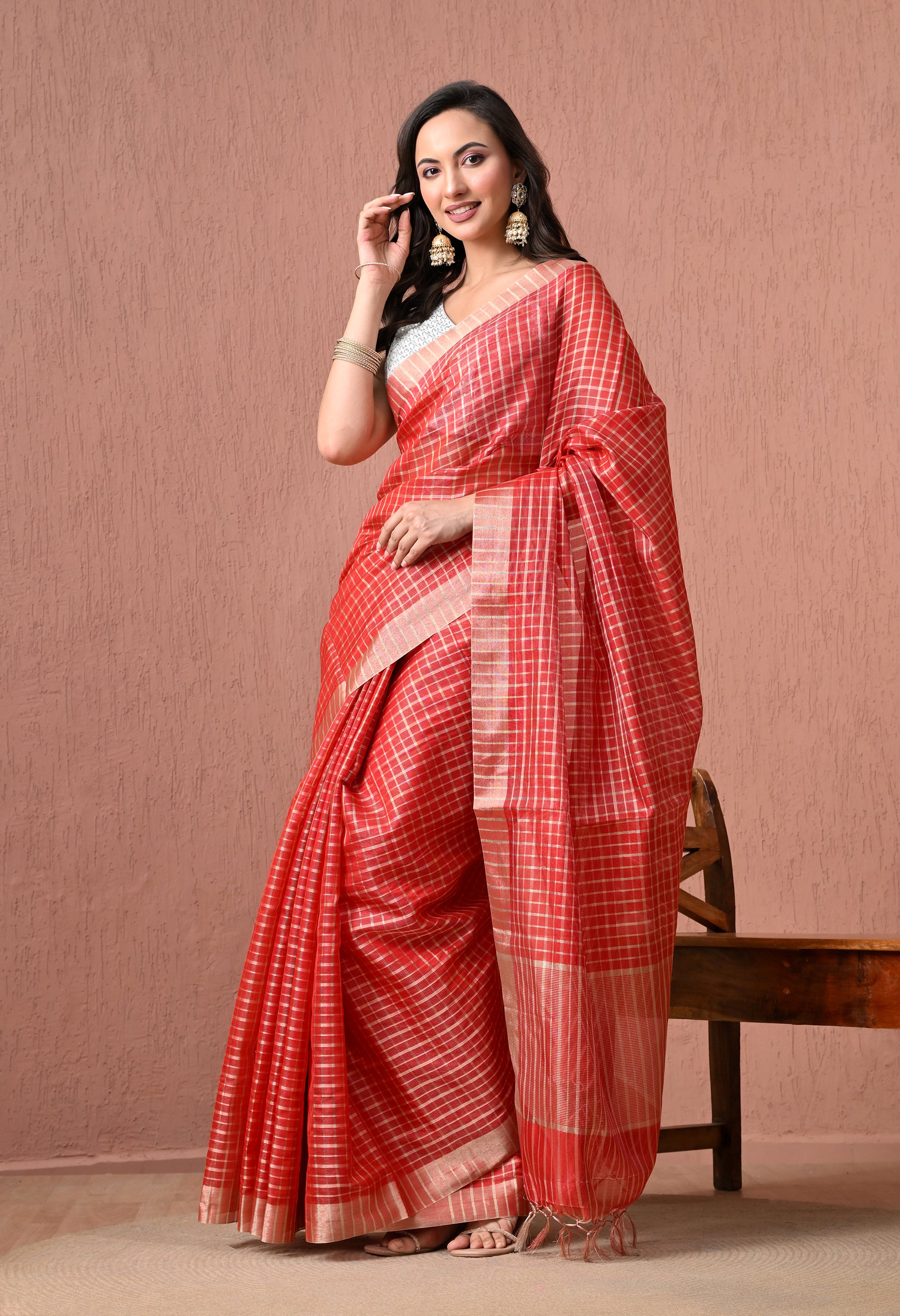 Pure Cotton Checked Saree in Vibrant Red with Zari Border