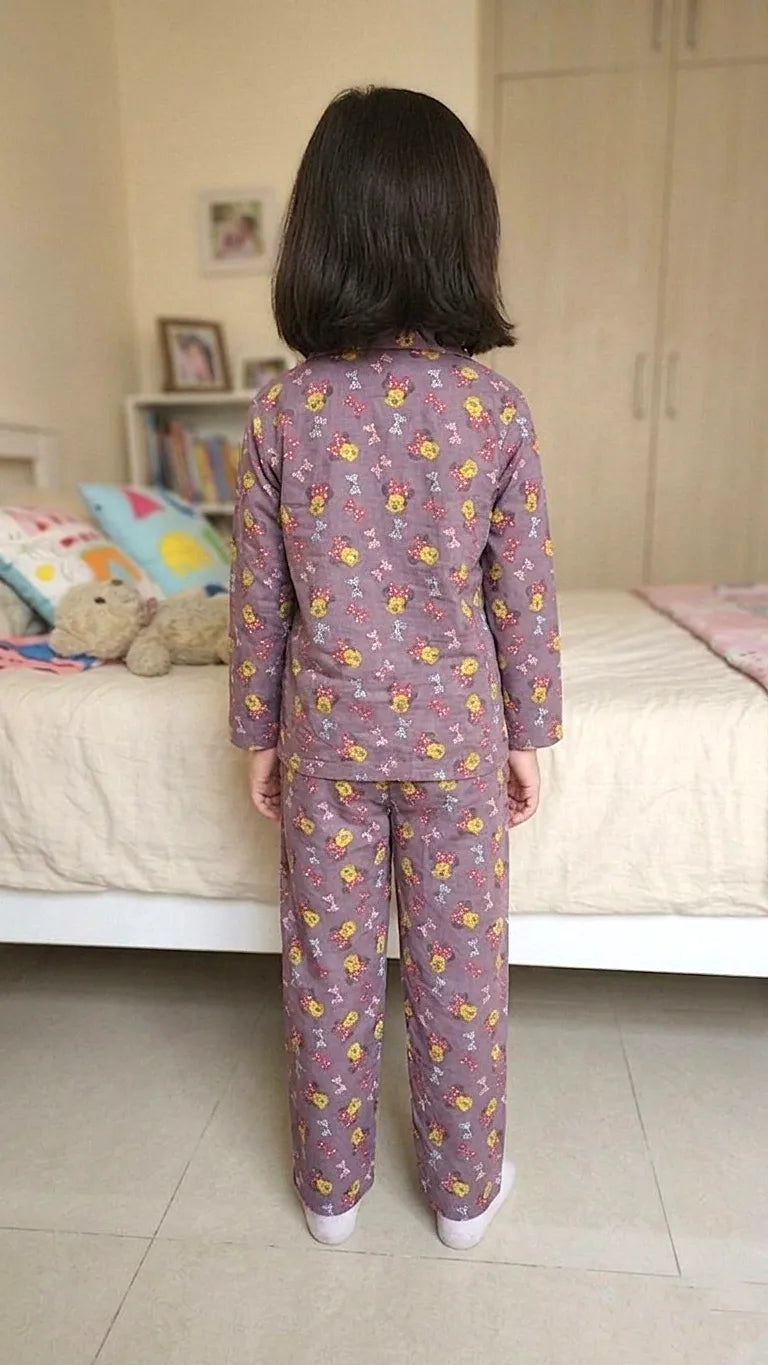 Kids' Pure Cotton Mauve Purple Character Print Night Suit