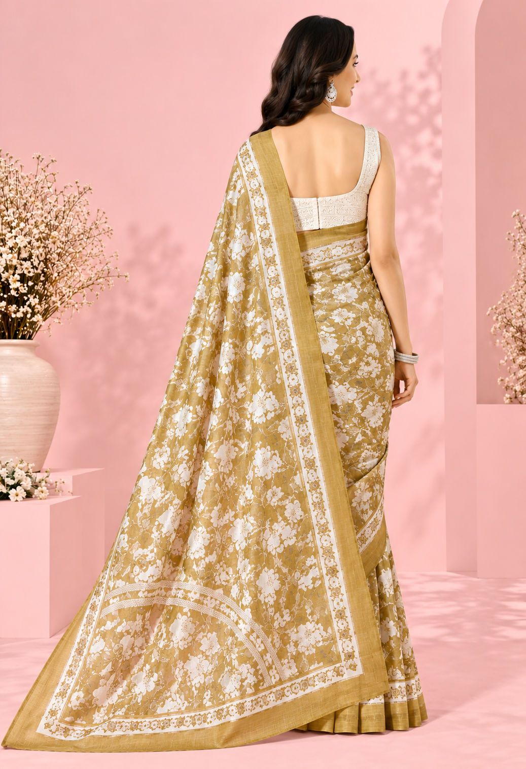 Elegant Mustard Gold Floral Printed Saree with Intricate Border