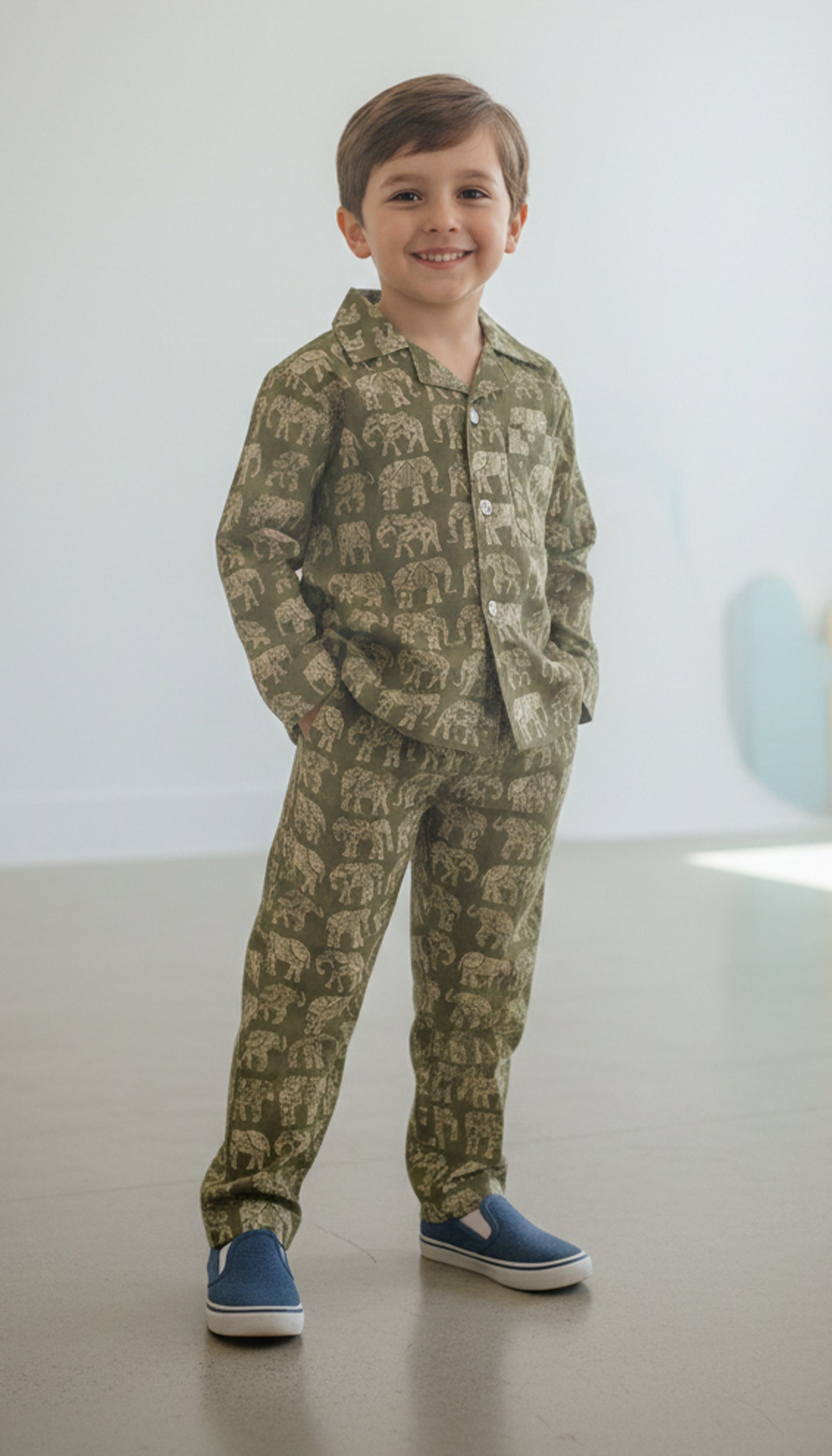 Kids Olive Green & Beige Elephant Print Cotton Lounge Set