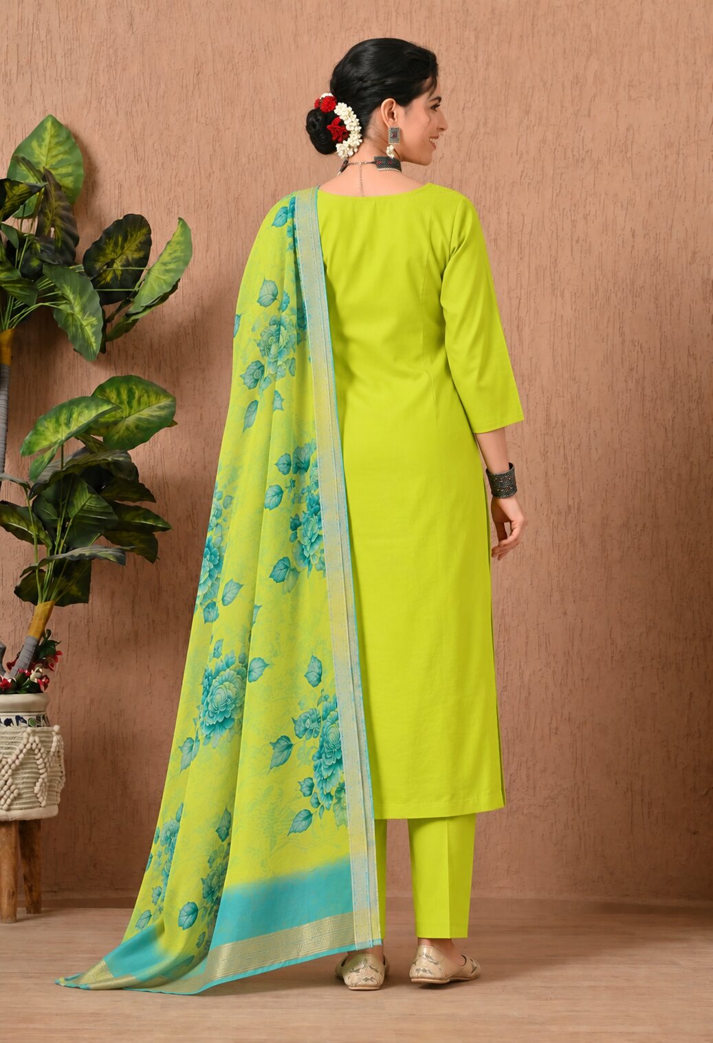 Lime Green Chanderi Silk Embroidered Suit Set with Organza Dupatta
