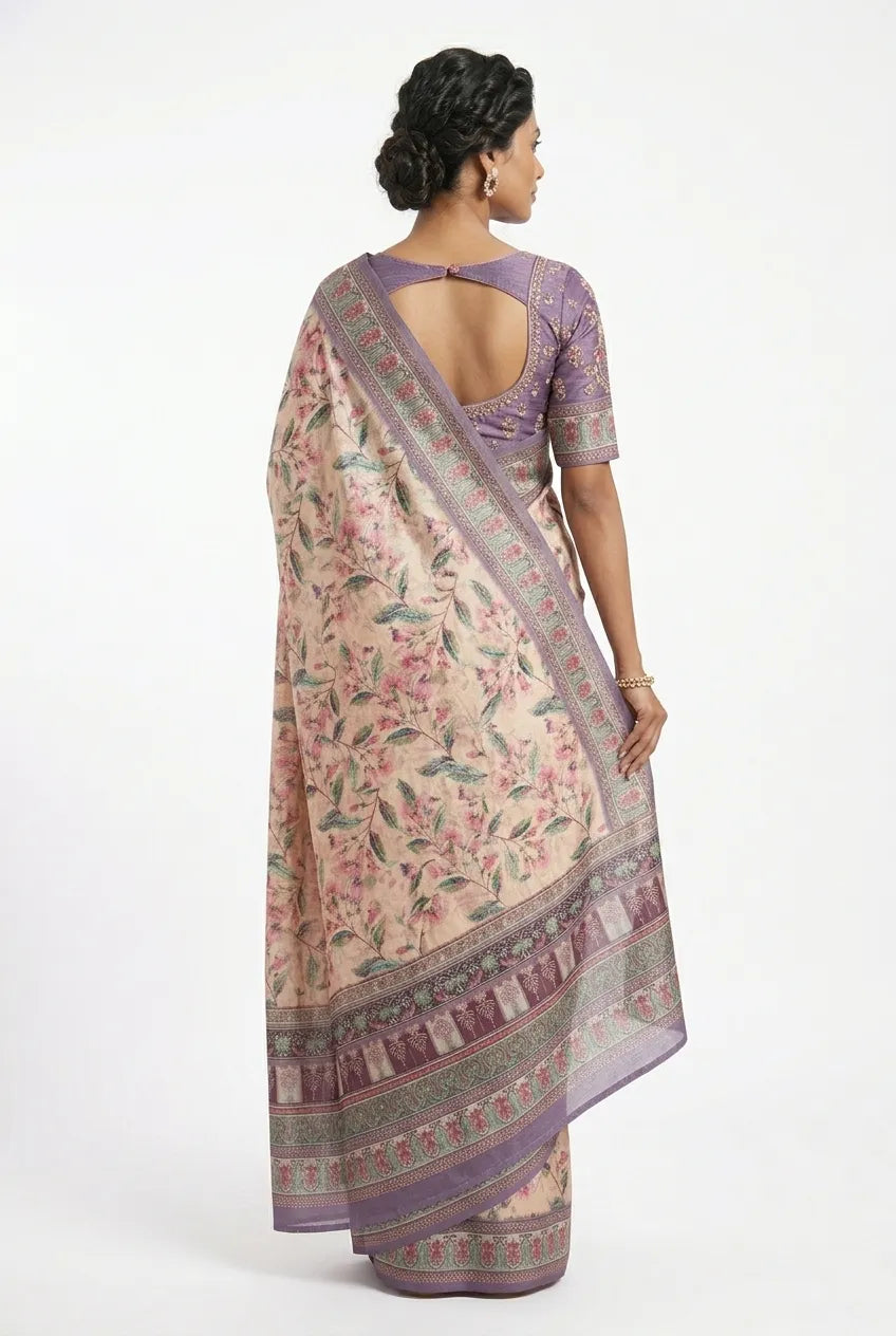 Women Beige & Purple Floral Printed Silk Blend Saree