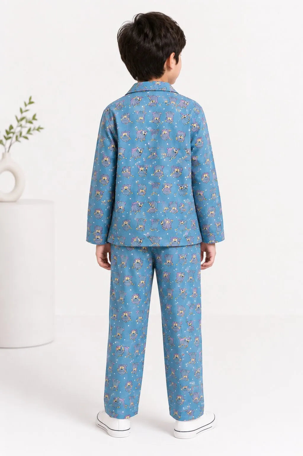 Teal Blue & Grey Hedgehog Print Pure Cotton Night Suit