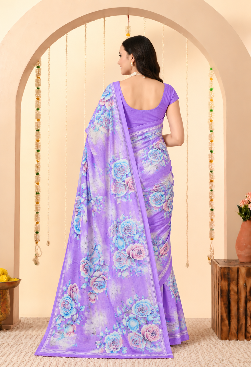 Purple Floral Printed Silk Blend Saree