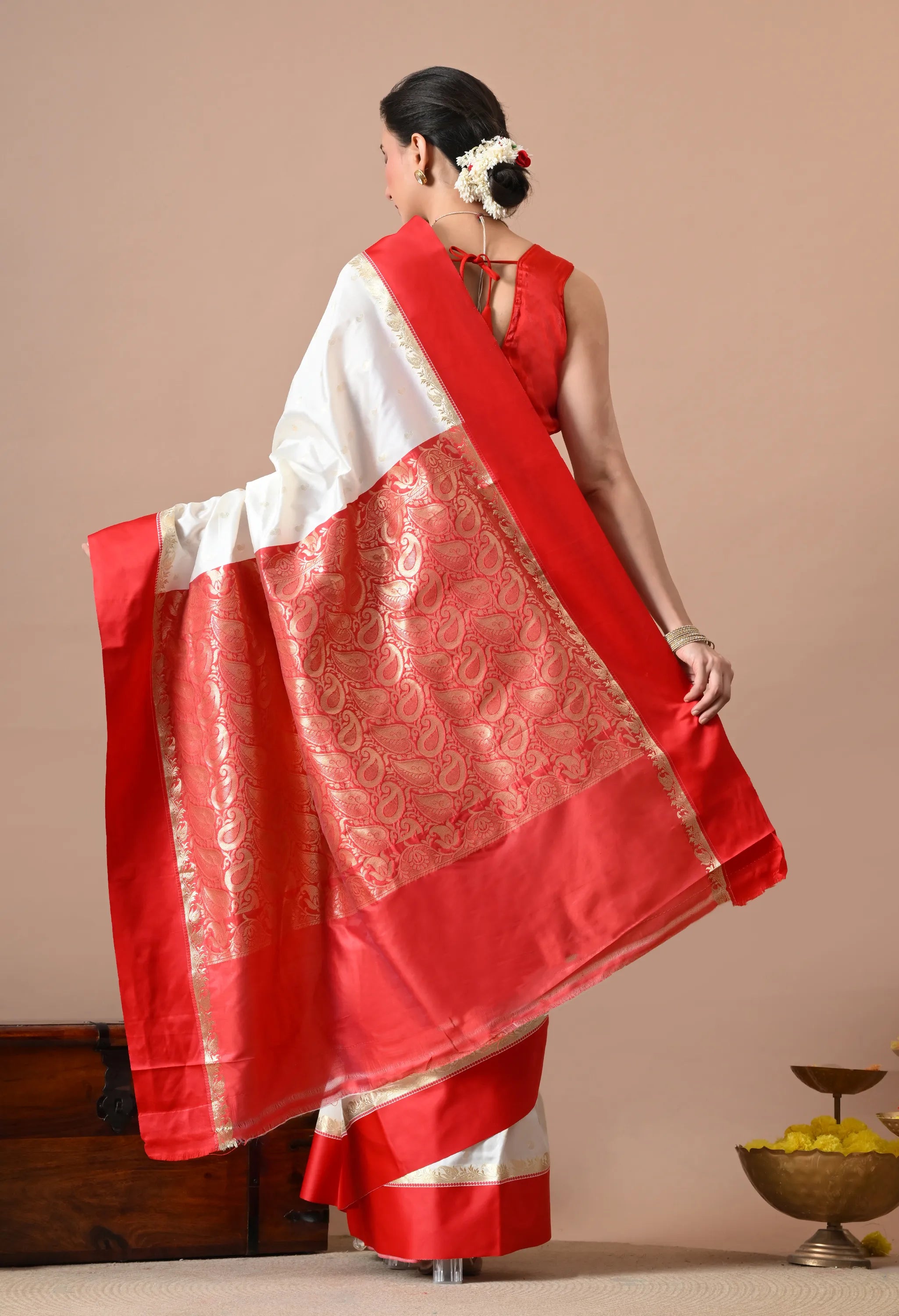 Off-White & Red Woven Design Silk Blend Banarasi Saree with Zari Border