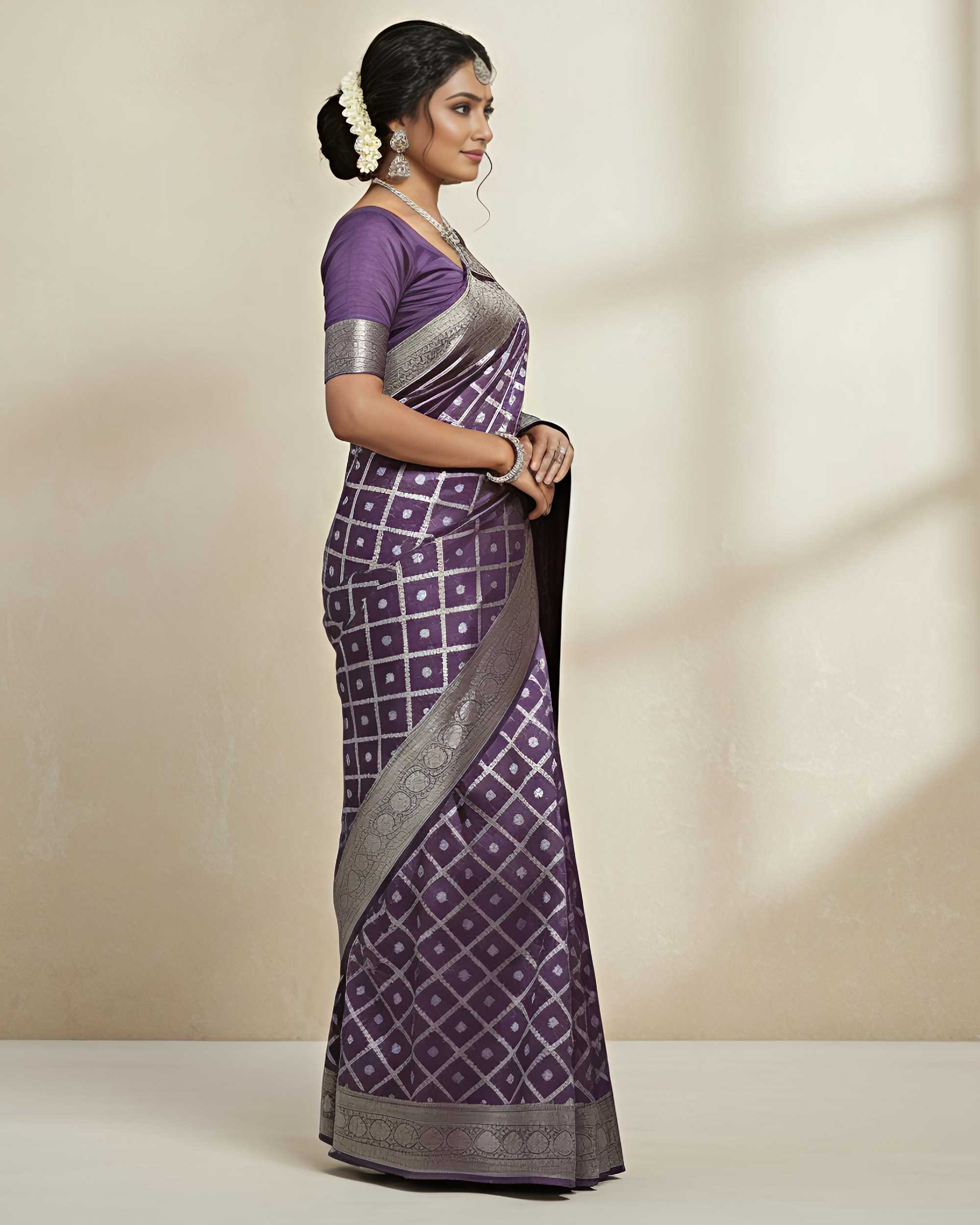 Women Purple & Silver-Toned Woven Design Zari Banarasi Silk Blend Saree
