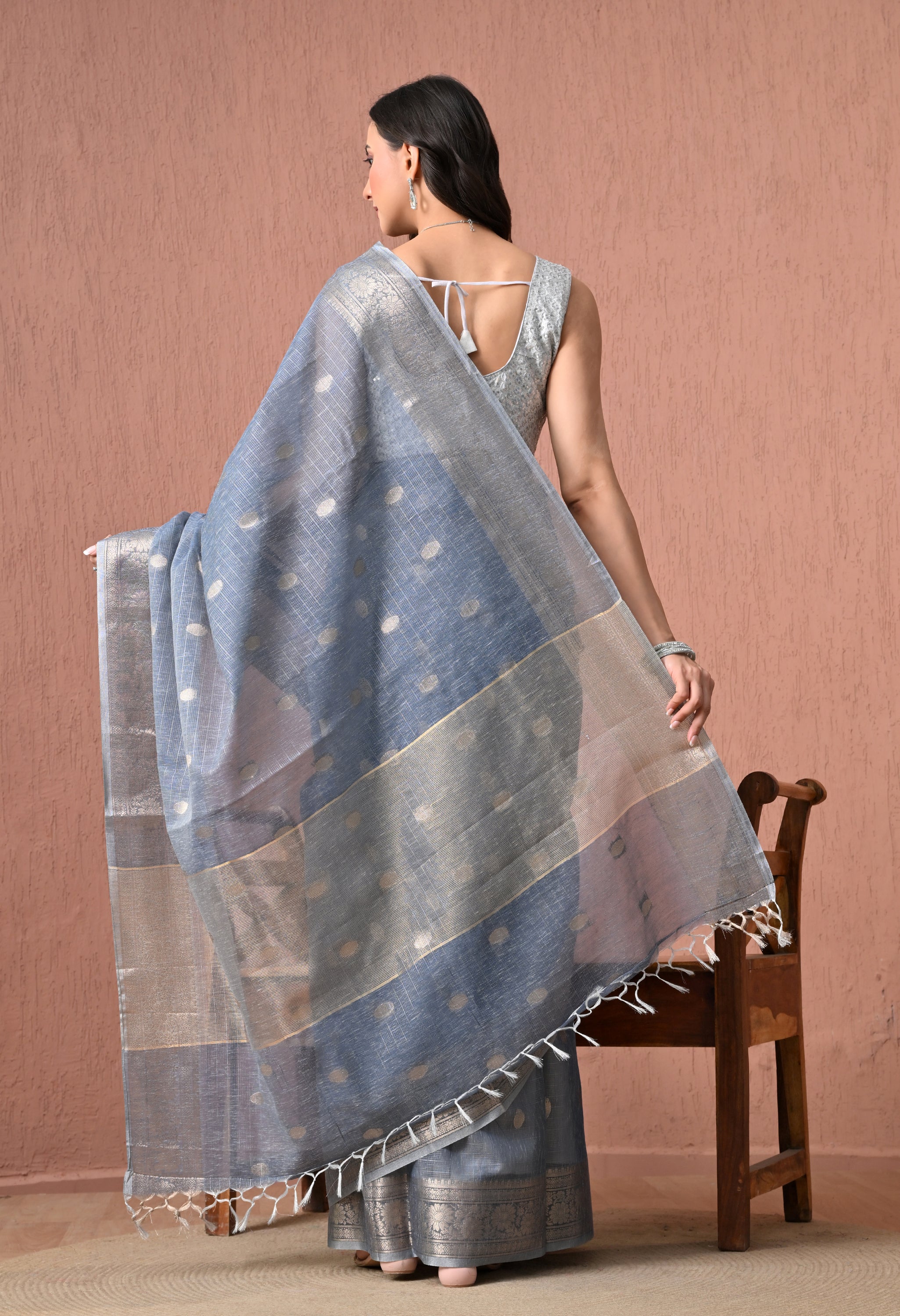 Elegant Steel Blue Cotton Saree with Silver Zari Border