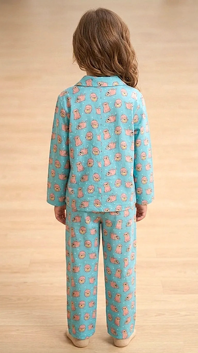 Girls  Pure Cotton Blue & Pink Puppy Print Night Suit