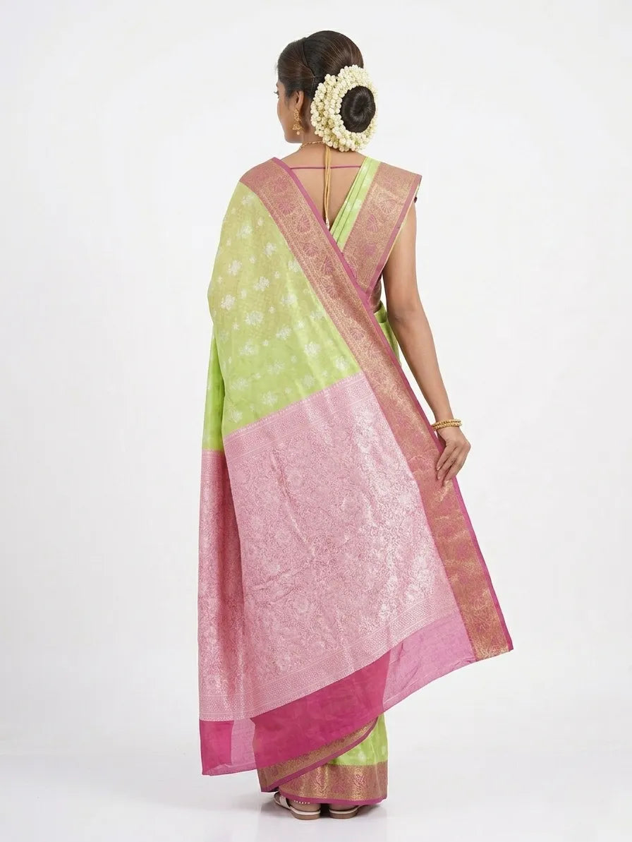 Lime Green & Magenta Silk Blend Woven Design Banarasi Saree with Unstitched Blouse