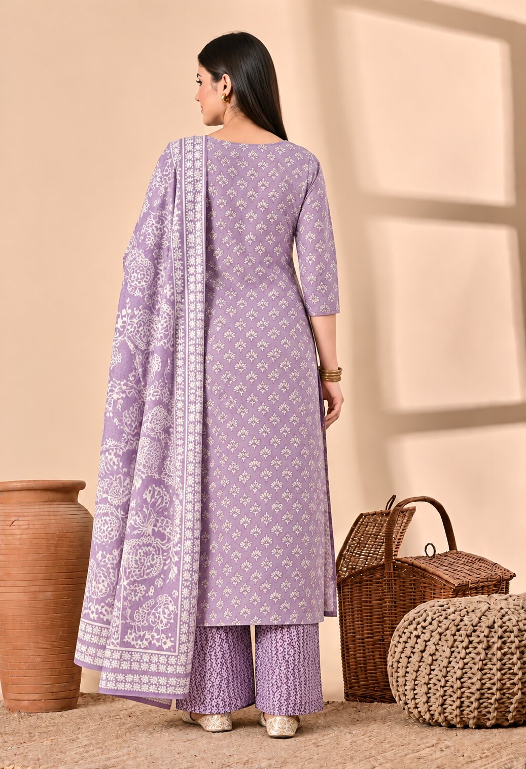 Lavender Cotton Printed Suit Set with Matching Cotton Dupatta