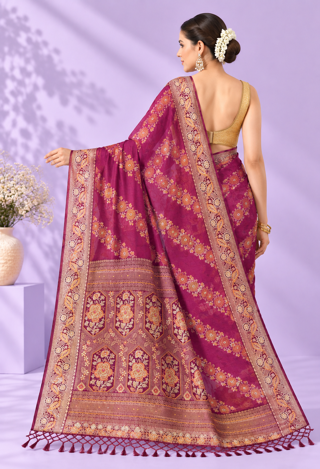 Elegant Pink Printed Saree with Intricate Floral Pallu & Tassel Detailing