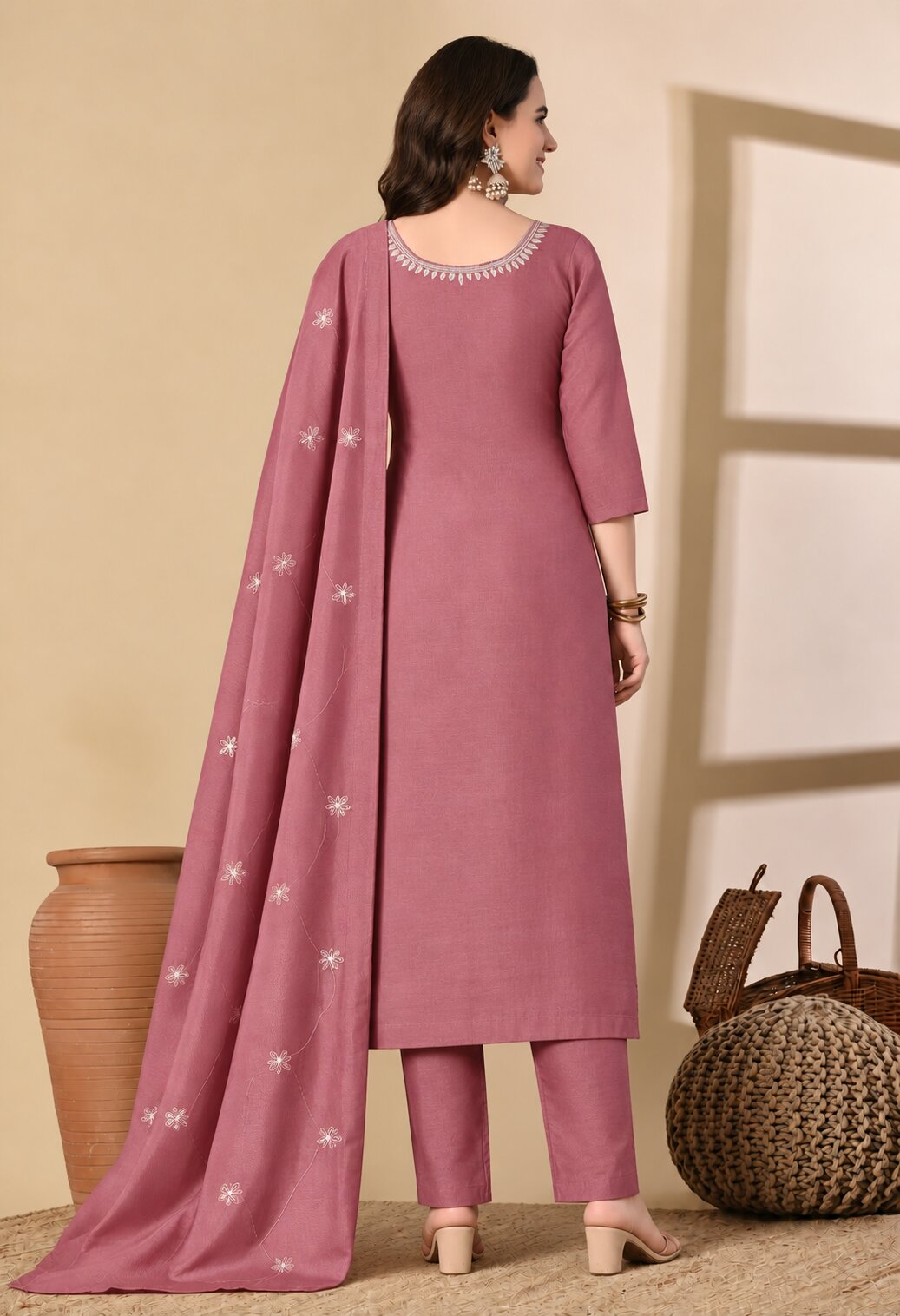 Dusty Rose Chanderi Silk Floral Embroidered Suit Set with Organza Dupatta