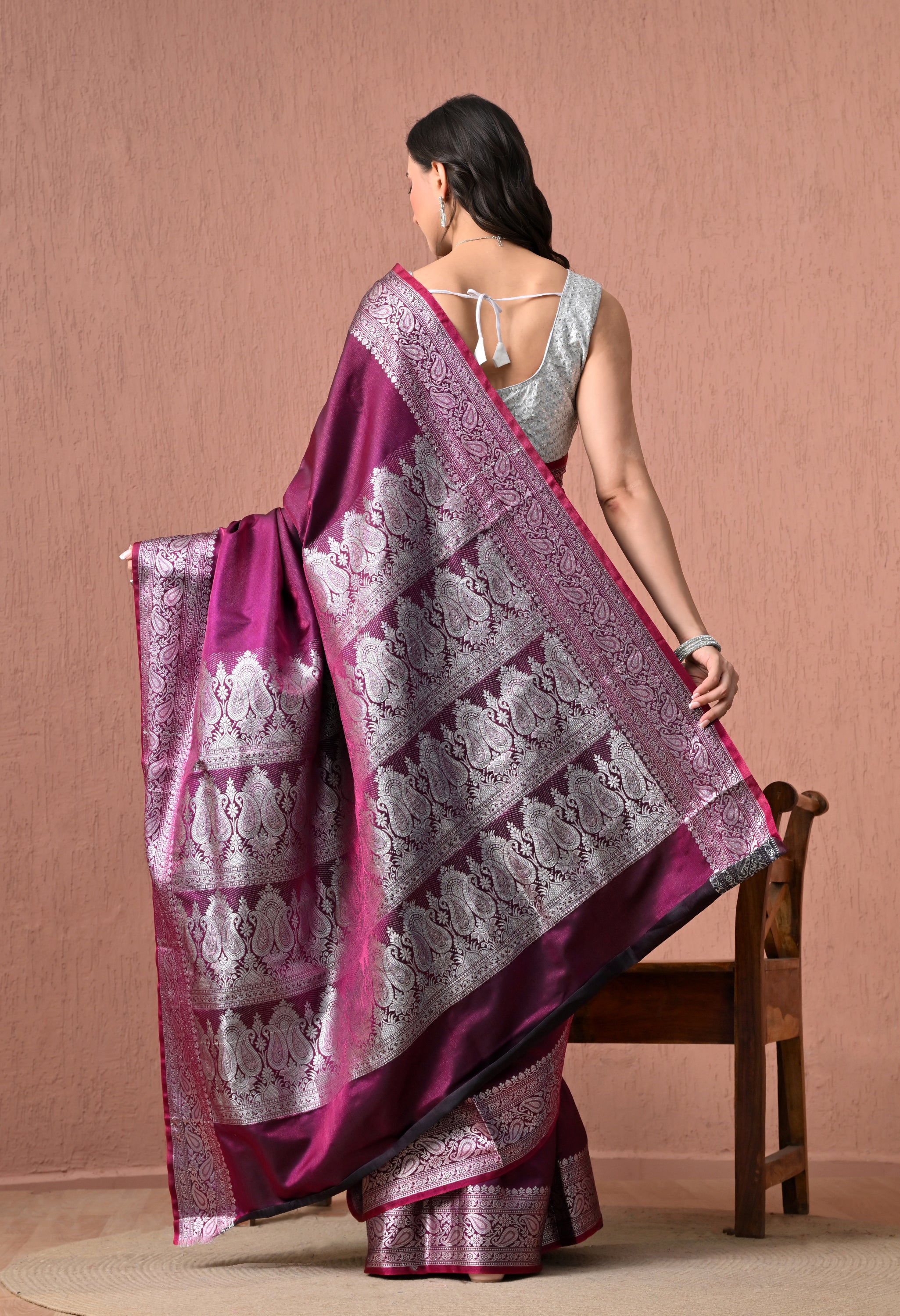Exquisite Purple Pure Silk Banarasi Saree with Silver Zari Paisley Borders