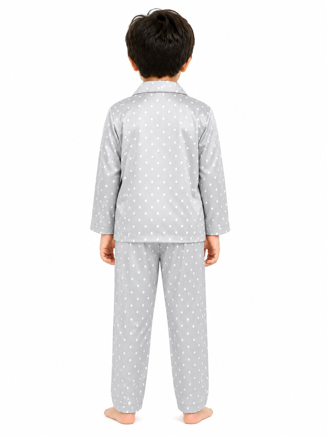 Kids Boys Grey Polka Dot Printed Satin Nightsuit Set