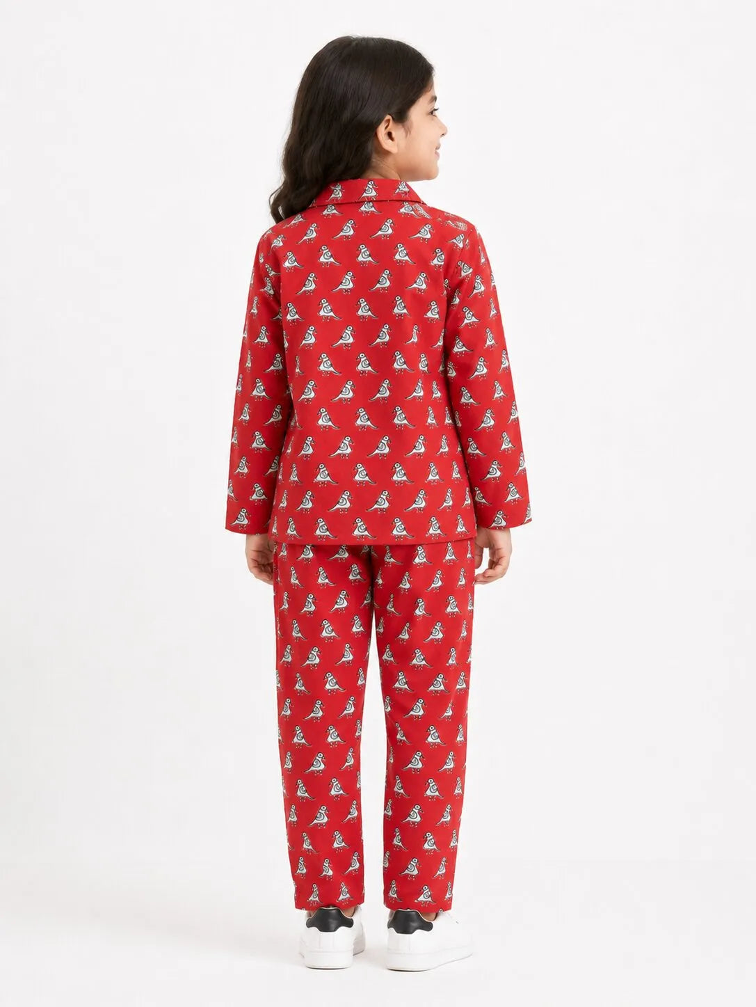 Girls Red & White Bird Print Cotton Night Suit