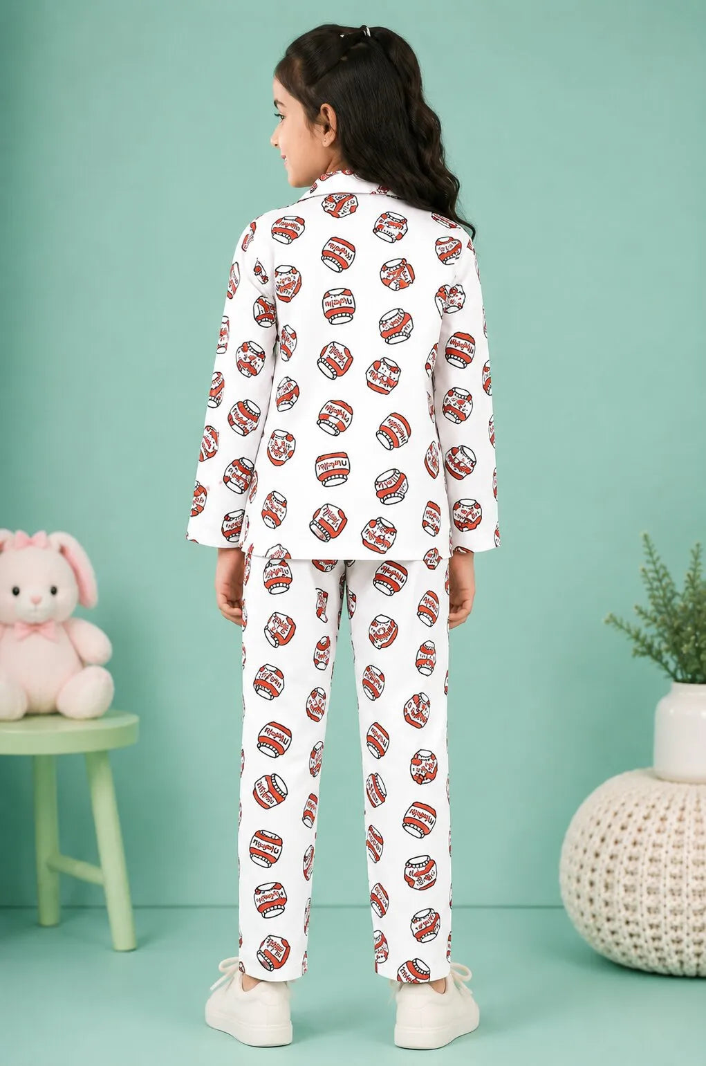 Girls Satin Nutella Print Night Suit – White & Red