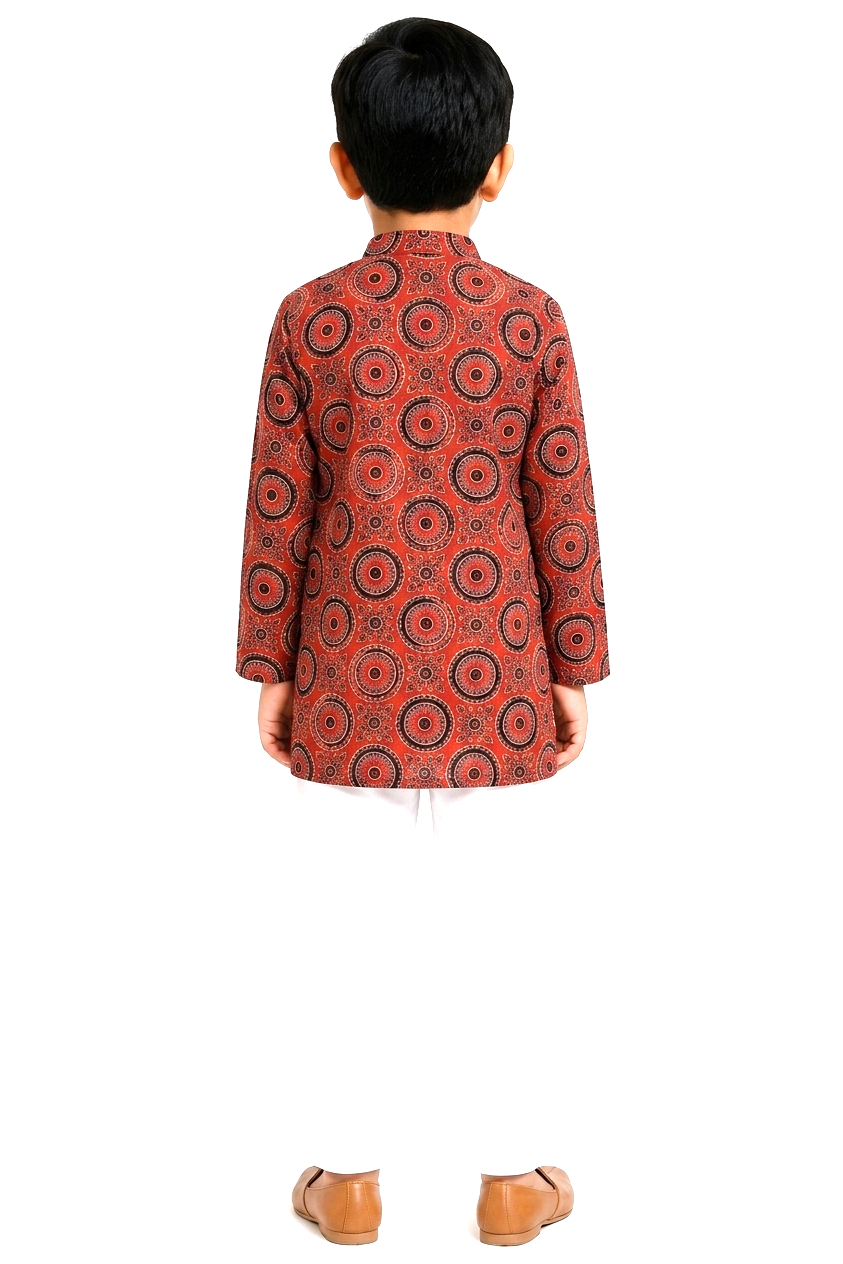 Boys Rust Red & Black Ajrakh-Inspired Mandala Printed Pure Cotton Kurta with Pyjamas
