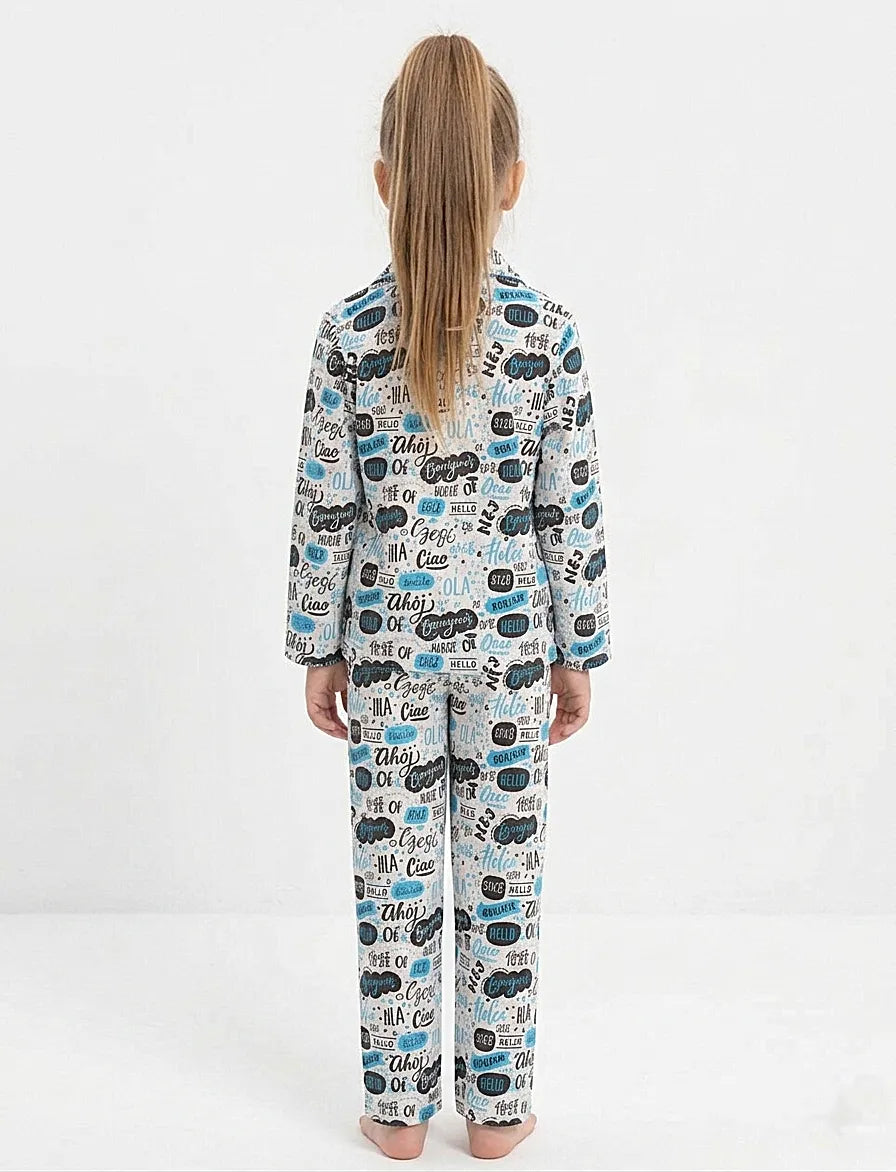 Girls Satin "Hello" Multilingual Print Night Suit