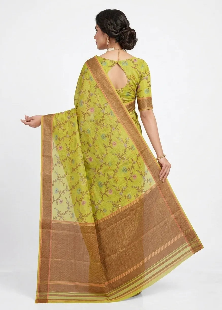 Lime Green Floral Printed Organza Saree with Zari Border